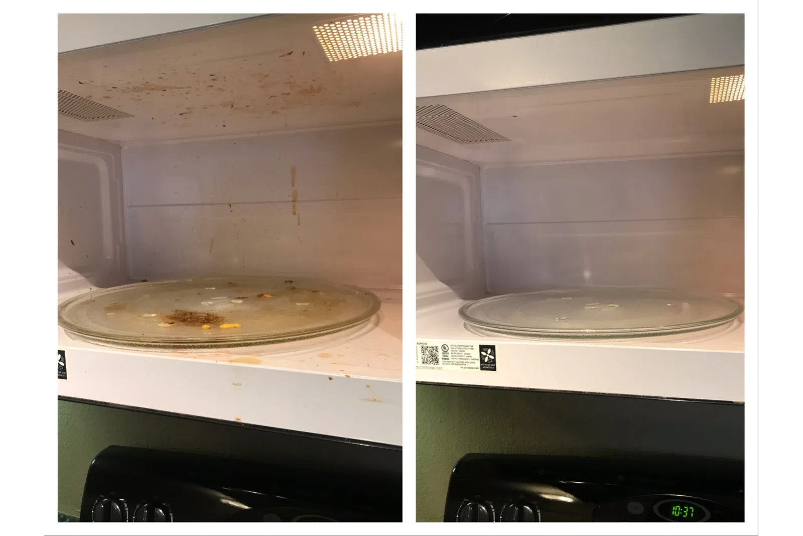 Side-by-side photos of a microwave interior dirty on the left and thoroughly cleaned on the right with a glass turntable.
