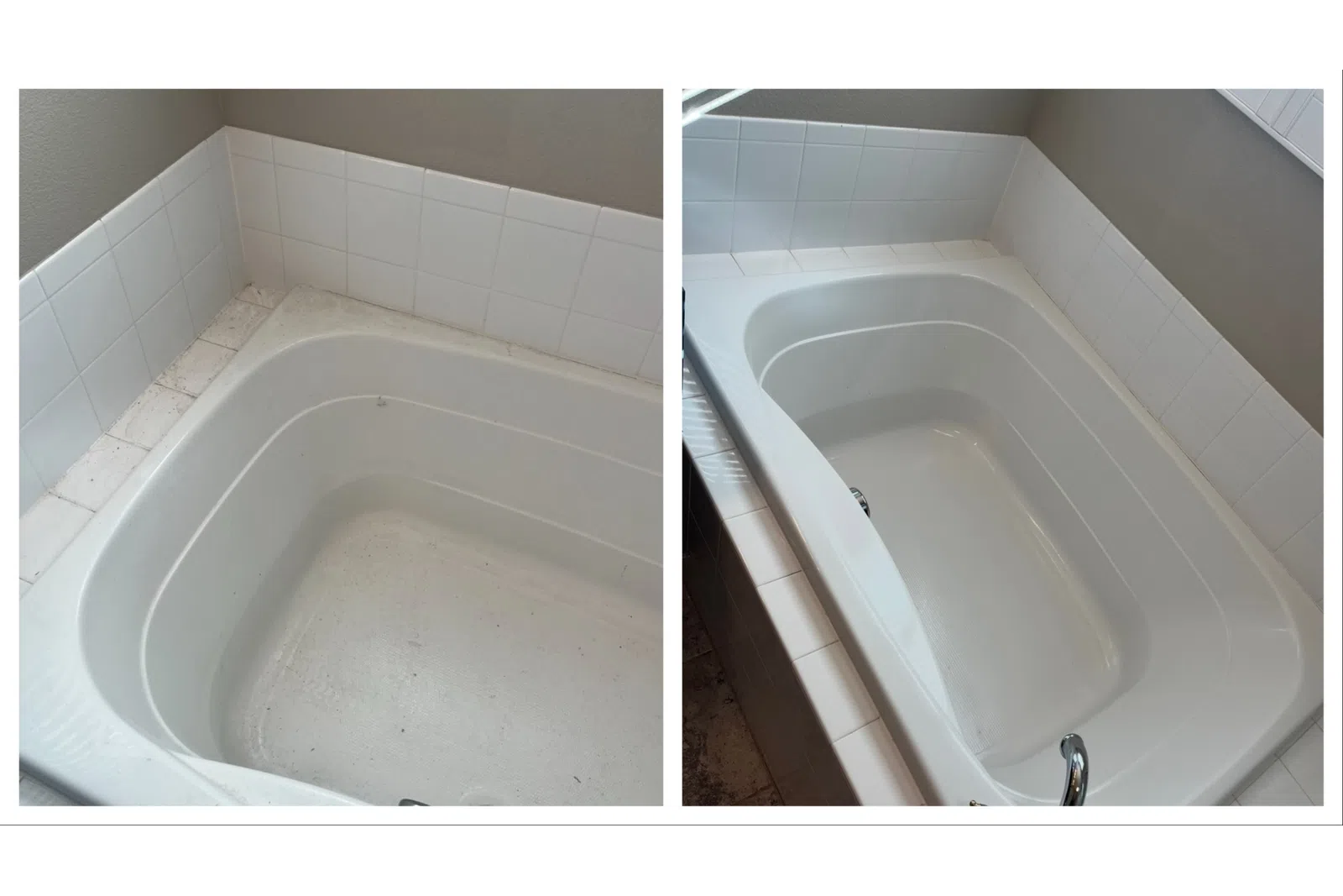 before and after cleaning photos of bathtub grime cleaned by MaidPro Littleton