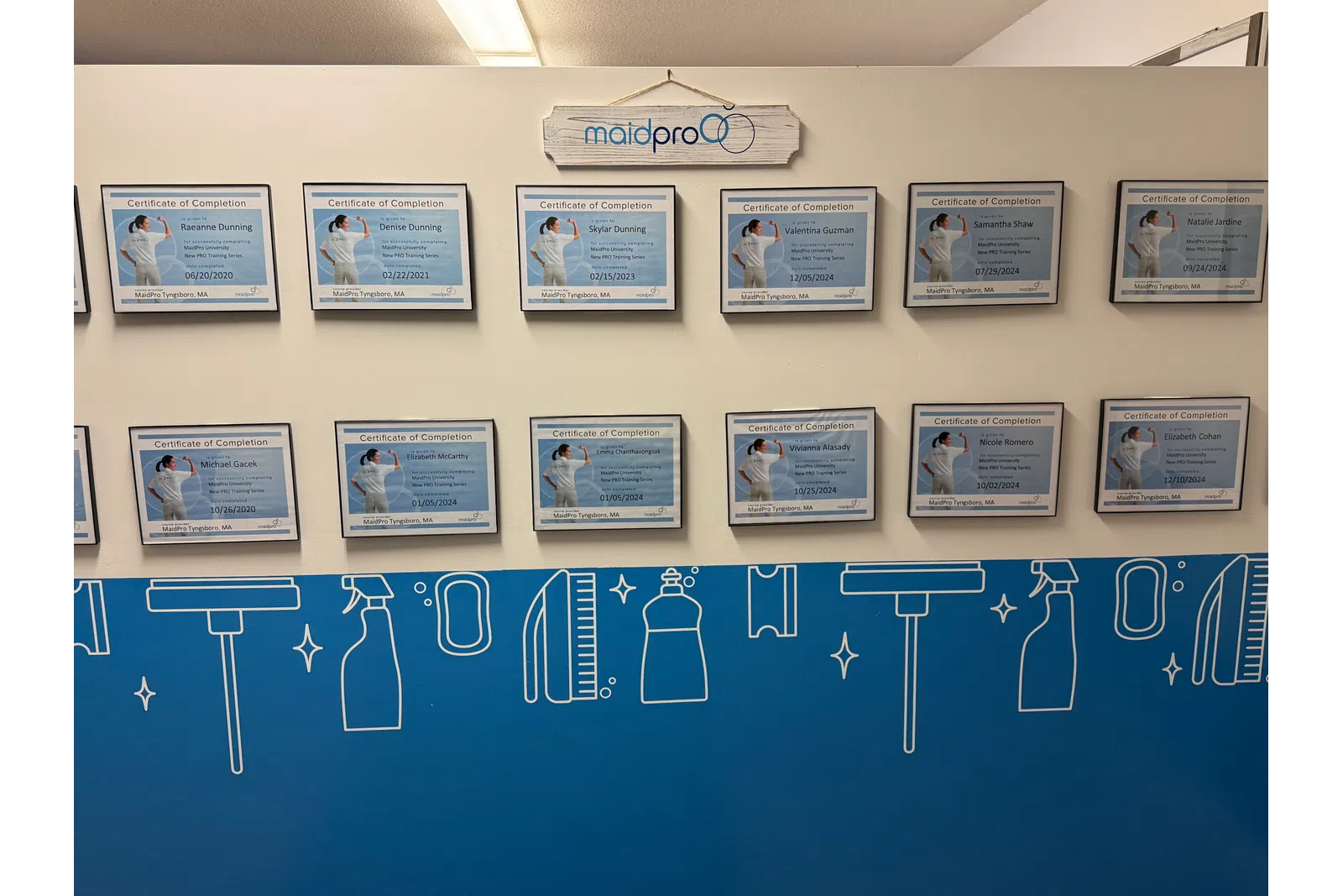 wall of certificates showing the work at MaidPro Tyngsborough
