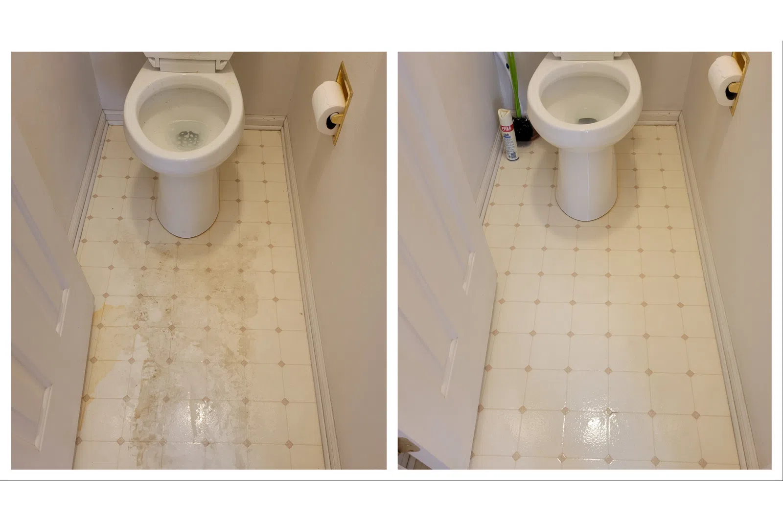 Before and after images of a toilet area showing clean and dirty floor tiles.