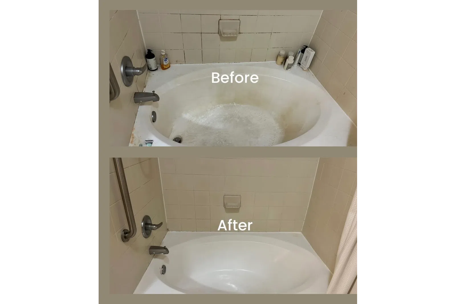 Side-by-side comparison of a bathtub before and after deep cleaning showing a spotless and white surface from MaidPro Baton Rouge