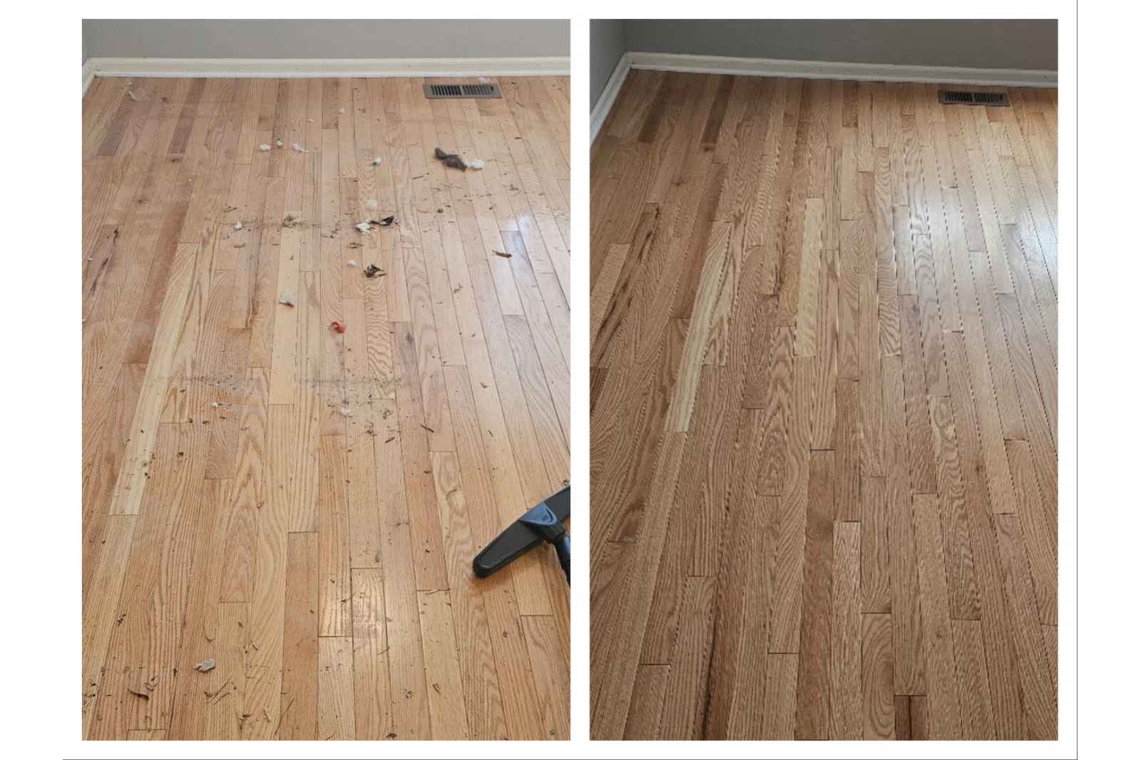 Before and after images of hardwood floor cleaning showing dirty scattered debris and a clean polished surface.