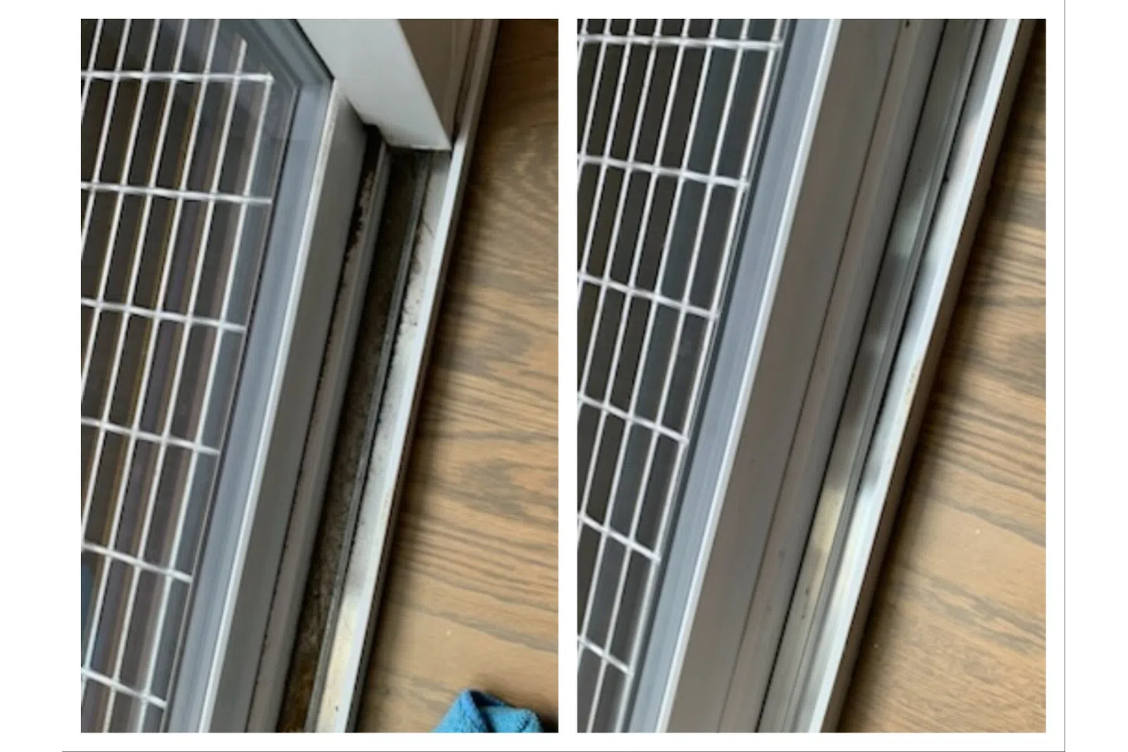 Side-by-side close-up images of a window track before and after cleaning on a wooden floor with a blue cloth.
