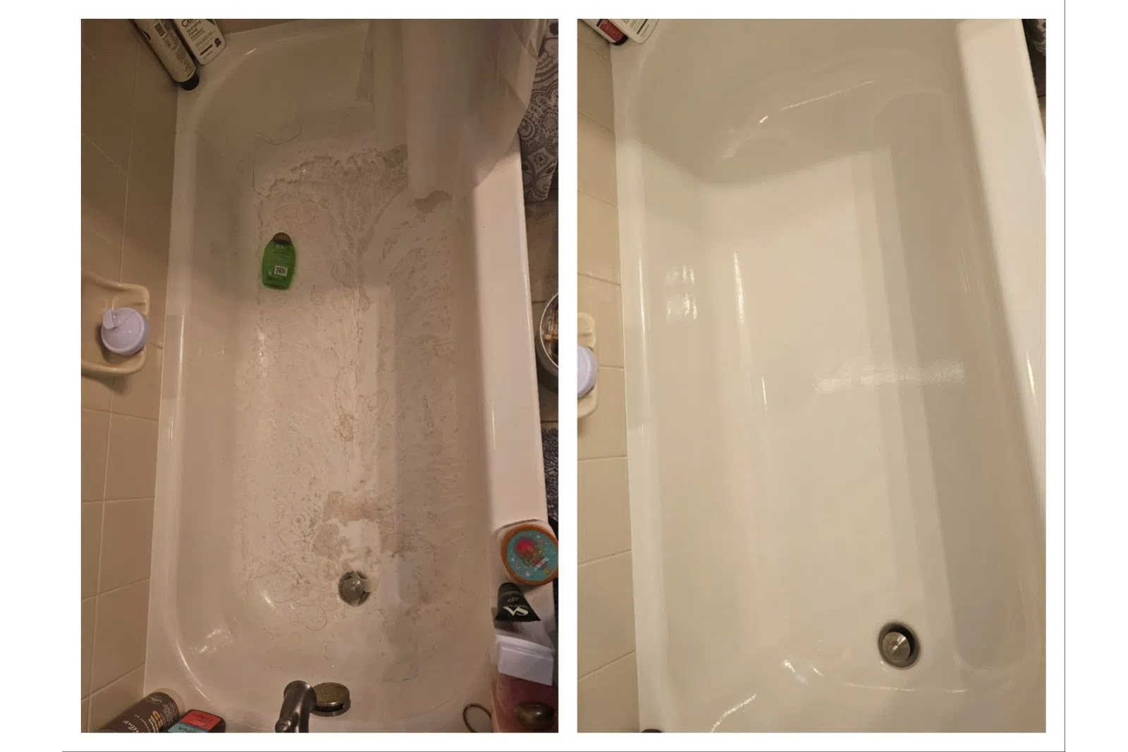 Before and after comparison of a bathtub showing heavy dirt and stains cleaned to a spotless white surface.