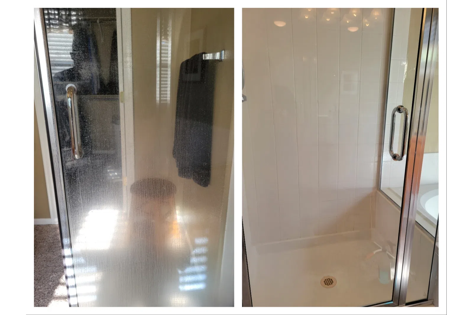 Comparison of a foggy, dirty shower door and the same door clean and clear after cleaning.
