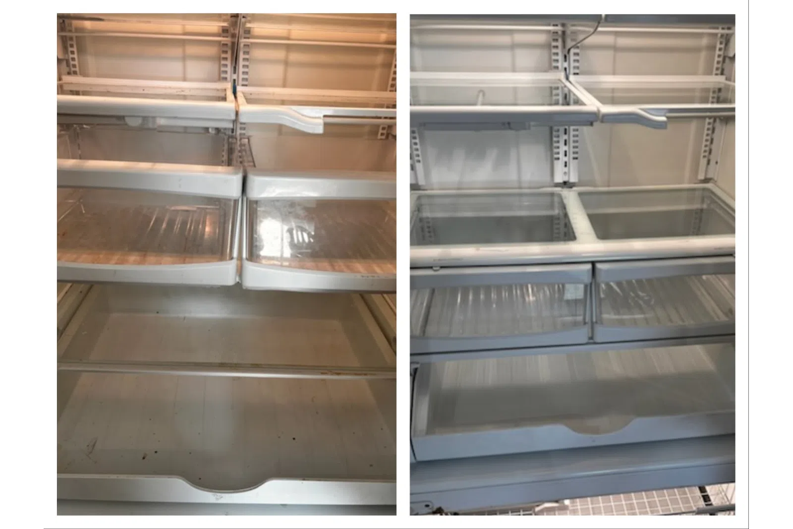Side-by-side image showing two empty refrigerator interiors with shelves and drawers.