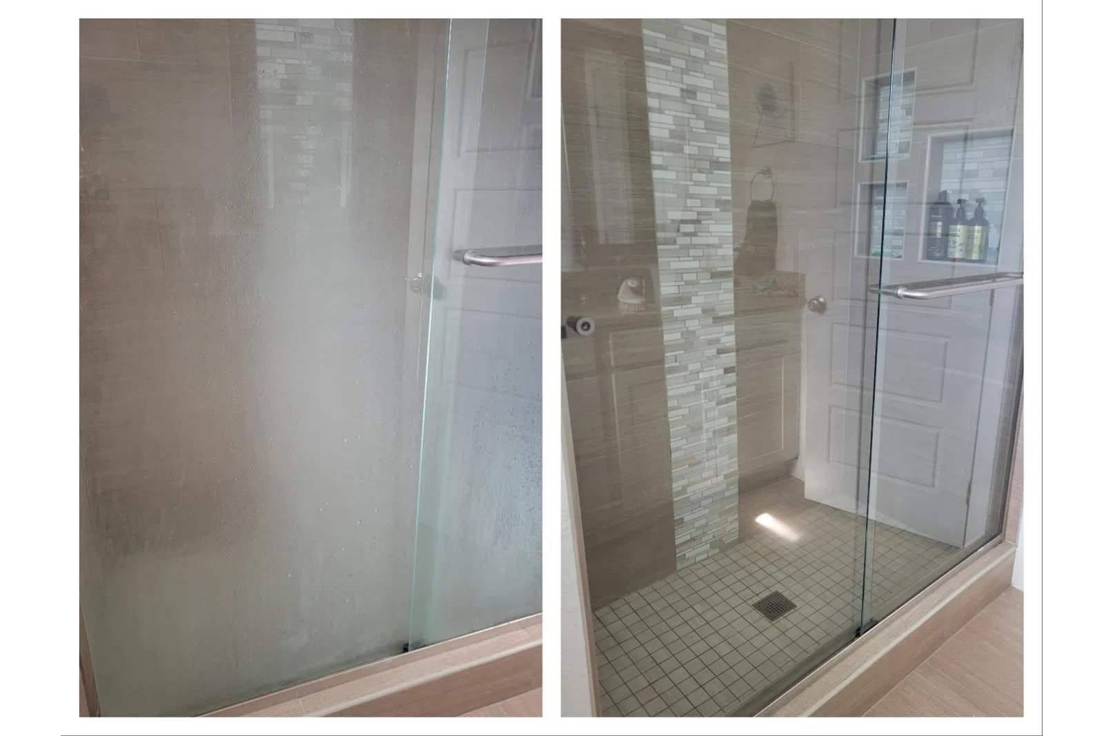 Before and after images of a shower door showing buildup removal and clear glass restoration from MaidPro Arvada