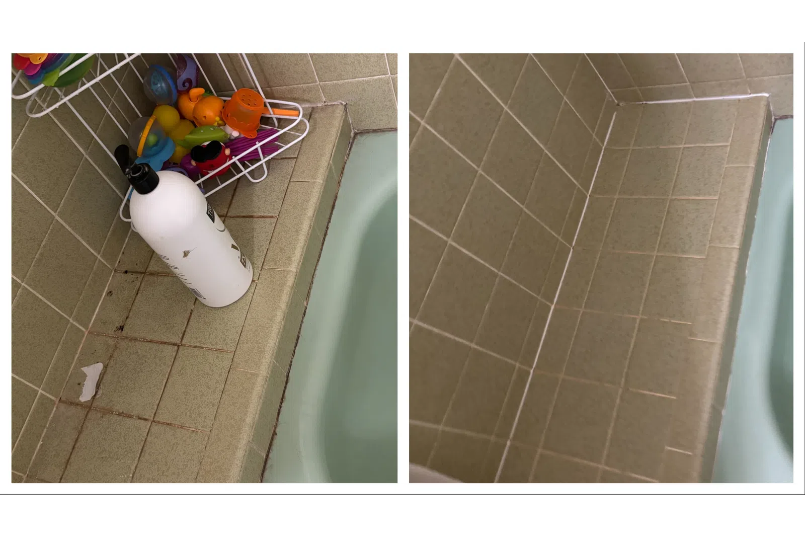 Before and after cleaning a bathtub showcasing improved cleanliness and organized items.