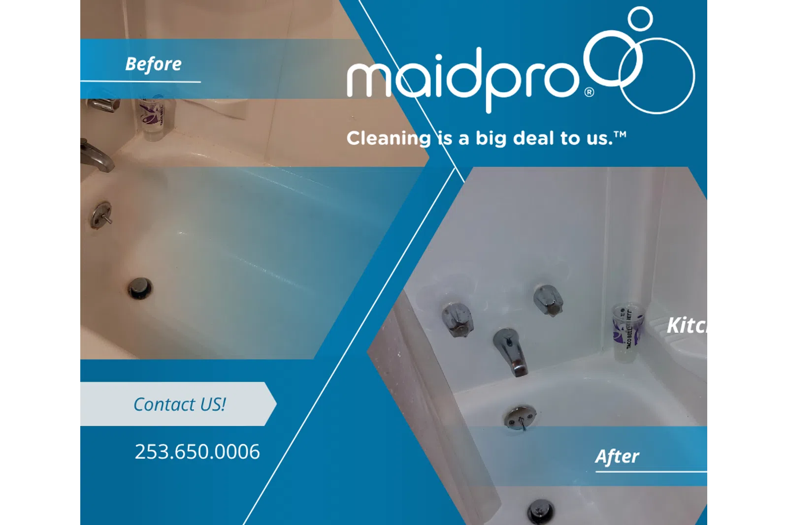Before and after bathtub cleaning showing restored white tub with MaidPro cleaning service branding.