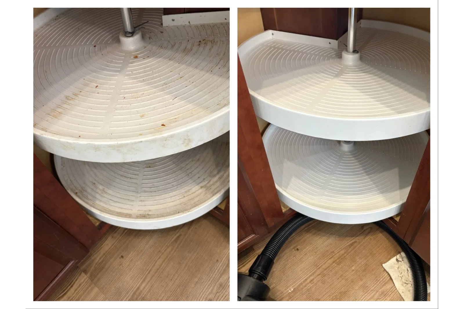 Side-by-side comparison of a dirty and a cleaned white plastic corner lazy Susan shelf in a wooden cabinet