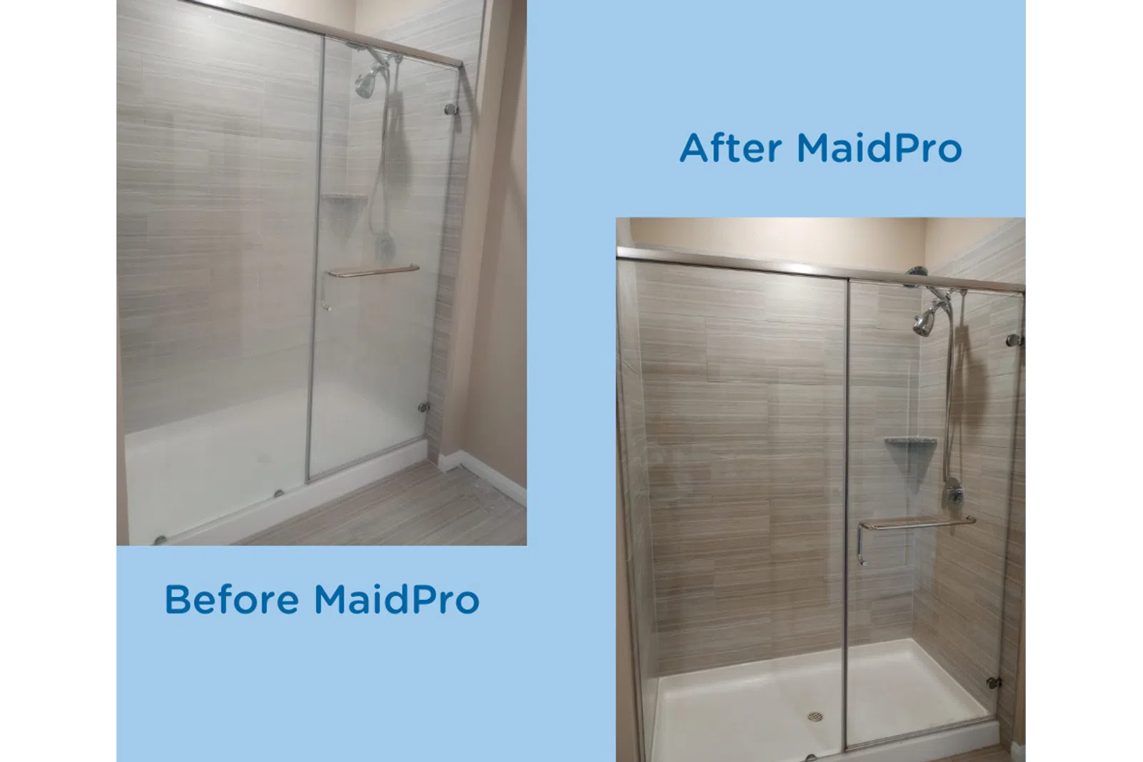 before and after clean of a shower stall cleaned by MaidPro Houston Central