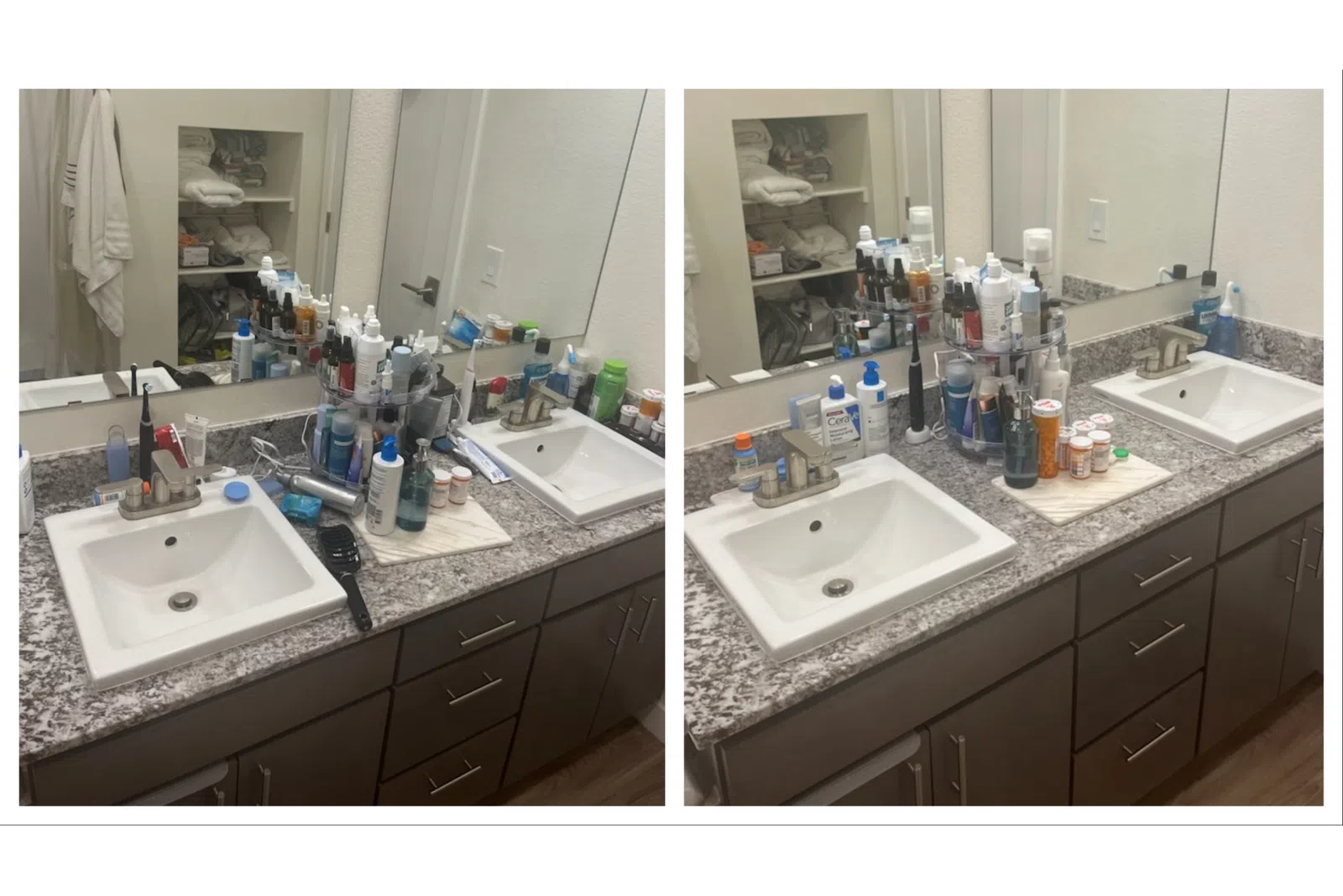 Bathroom sink countertop cluttered with various toiletries, bottles, and medications next to a large mirror.