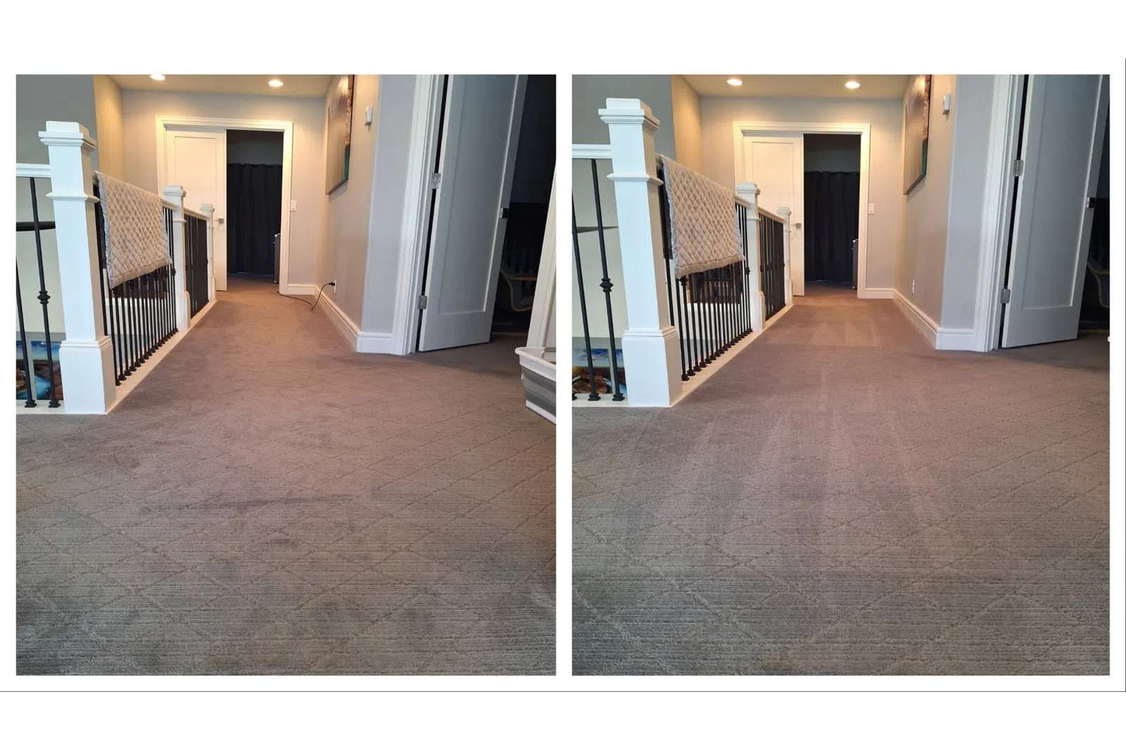 Before and after cleaning of a carpeted hallway, cleaned by the PROs at MaidPro