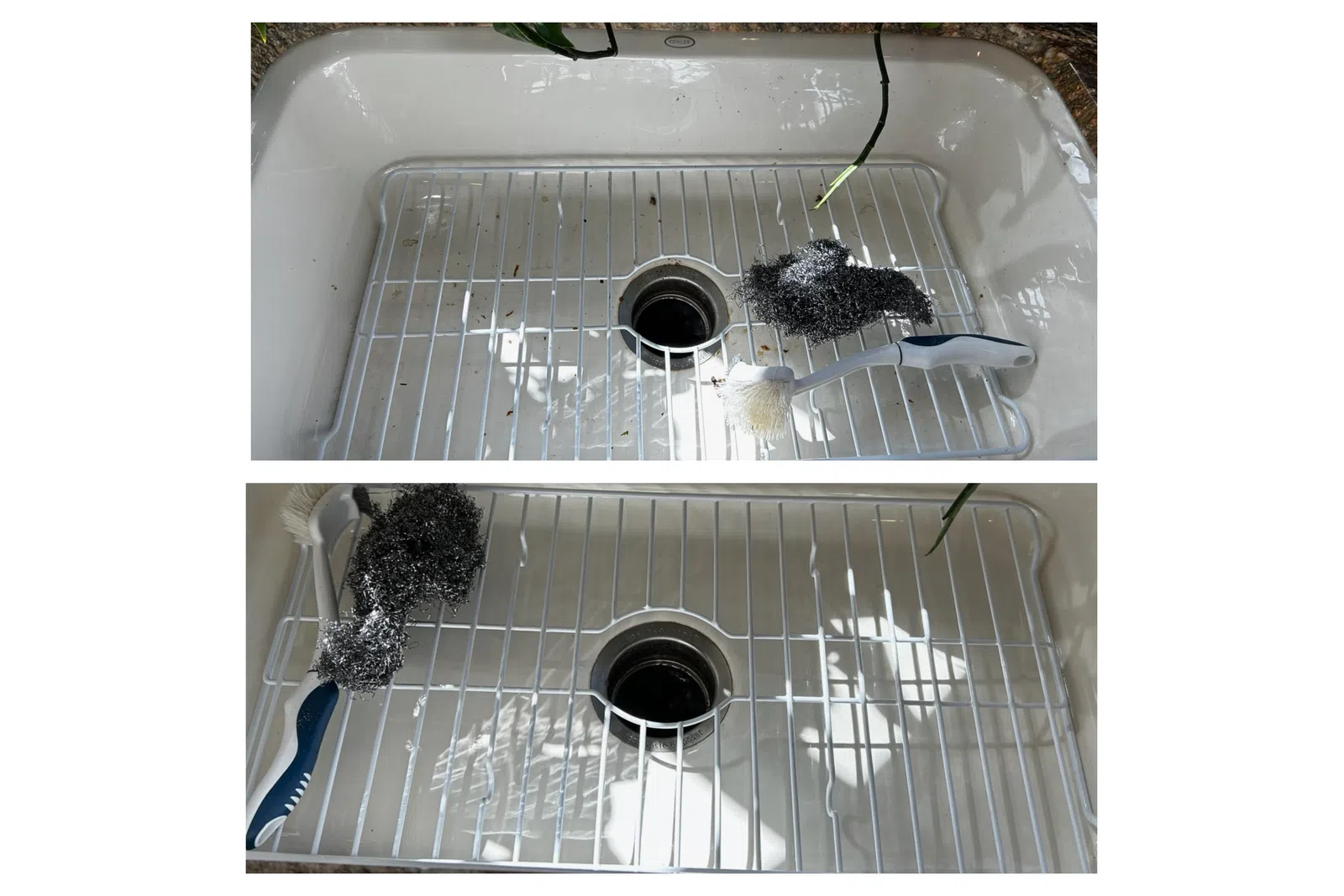 Two kitchen sinks with metal grids, scrub brushes, and steel wool pads, showing before and after cleaning stages.