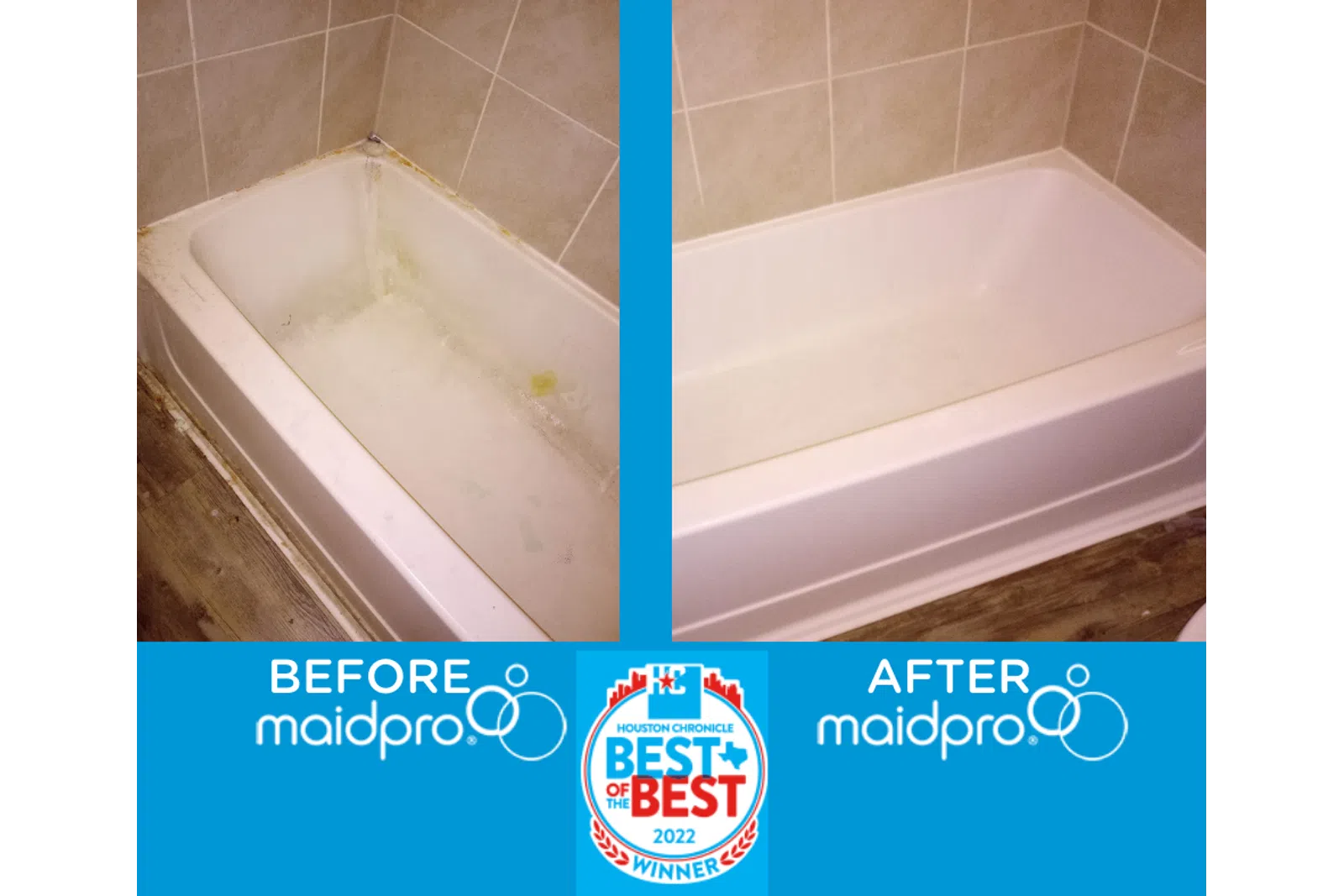 Bathtub before and after cleaning by MaidPro Katy