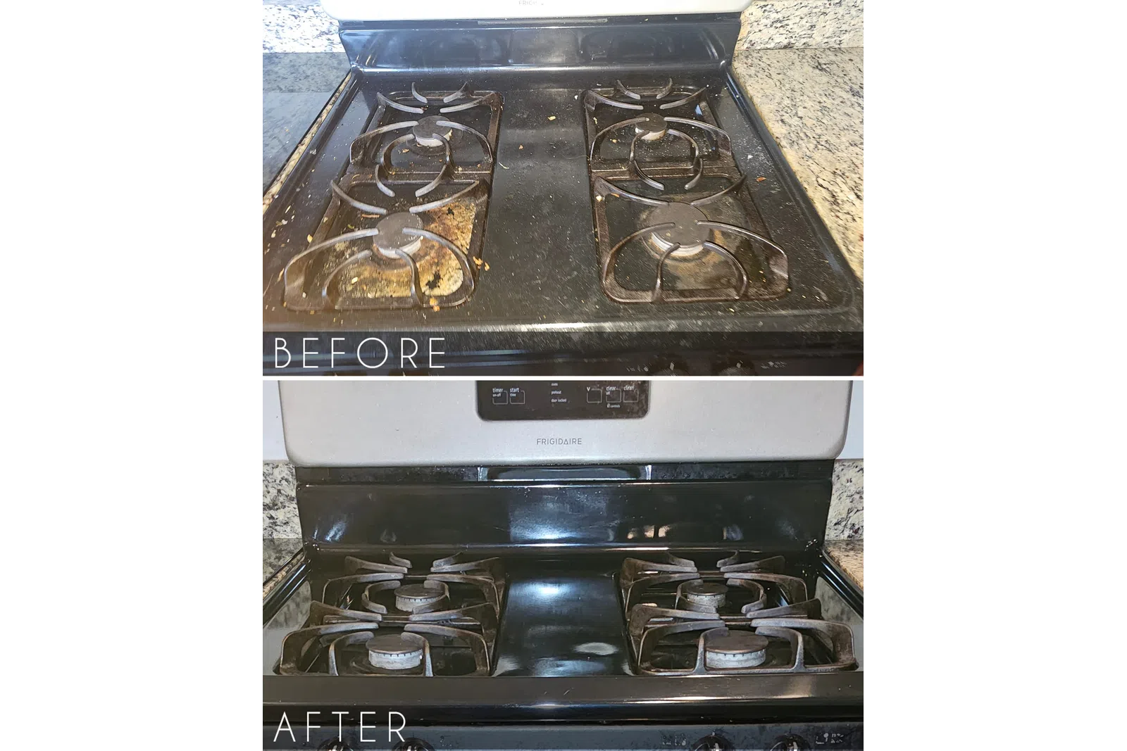 Before and after images of a gas stove showing a dirty stove cleaned by MaidPro Chicago