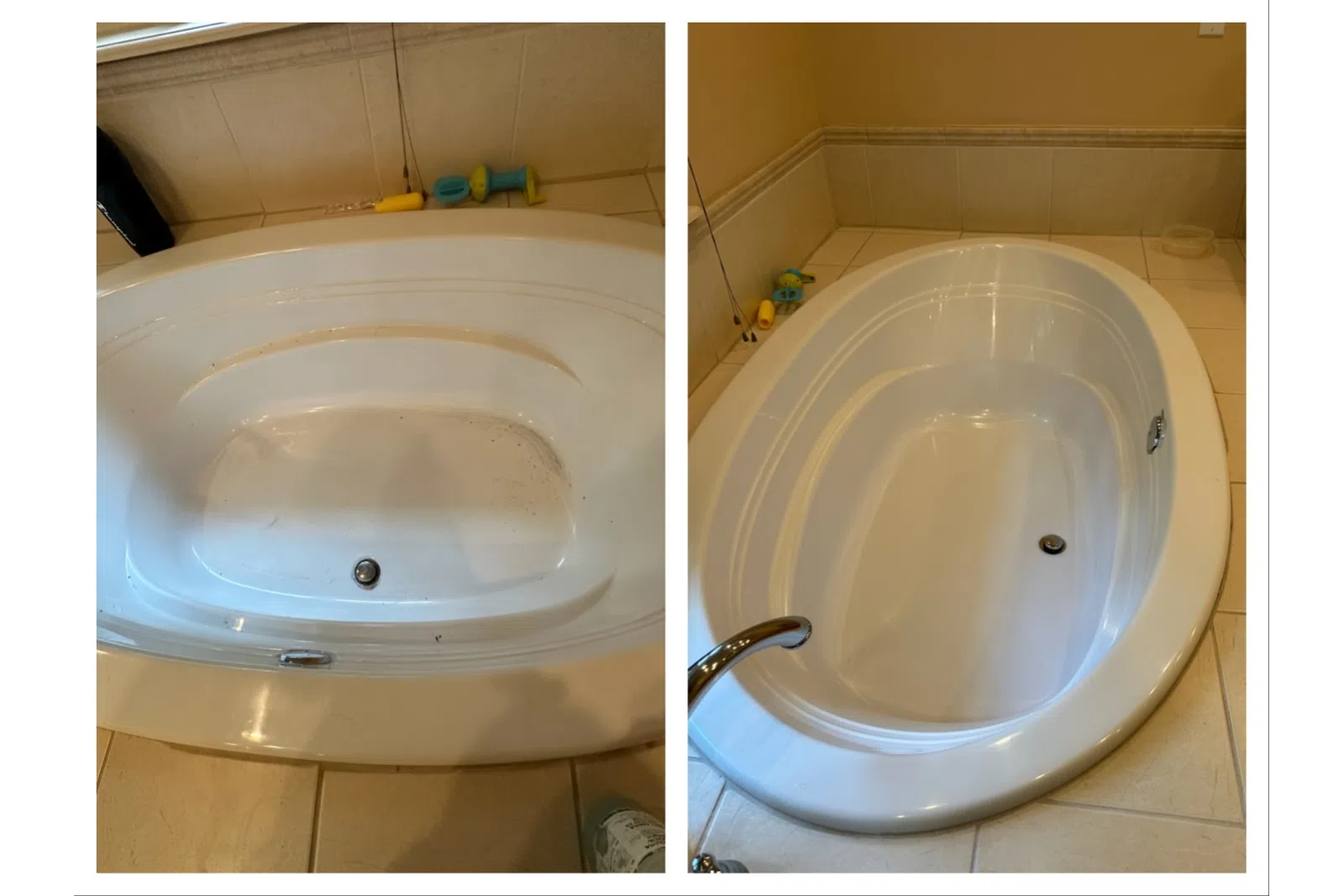 Side-by-side comparison of a dirty bathtub before and clean bathtub after deep cleaning in a bathroom.