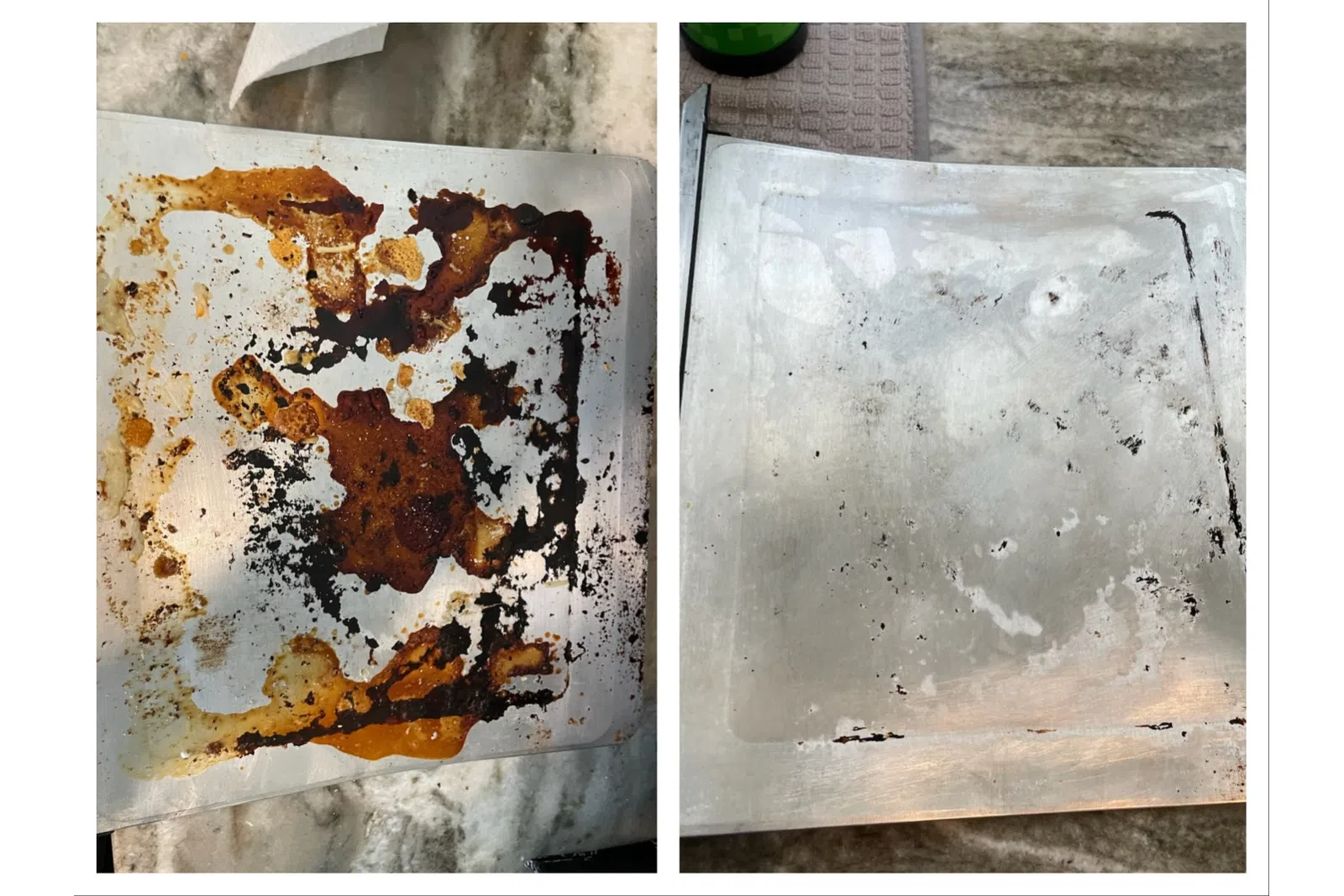 Side-by-side comparison of a dirty, burnt baking tray and the same tray cleaned with some residue remaining.
