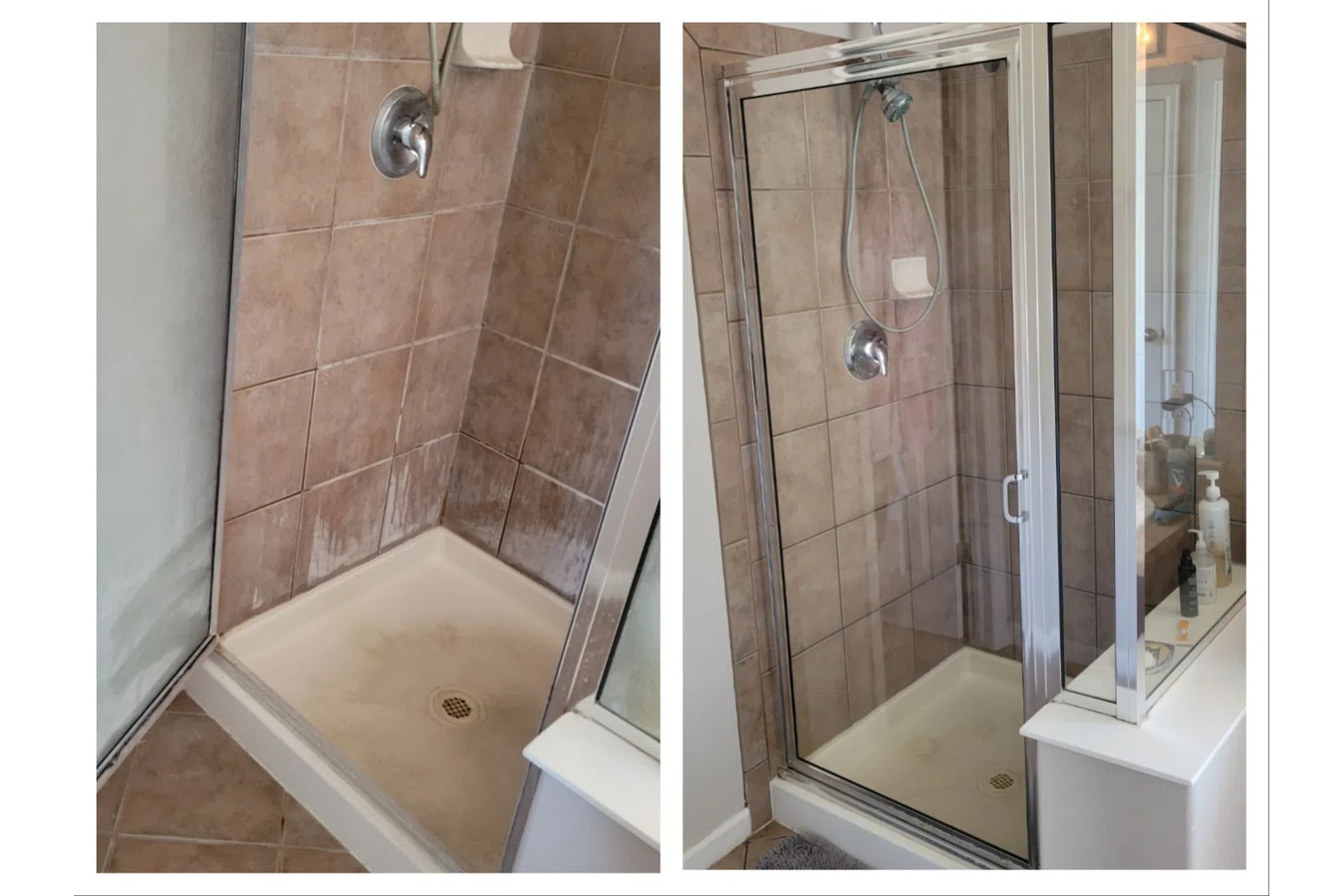 Comparison of shower stall before and after cleaning, showing tiled walls, showerhead, and glass door.