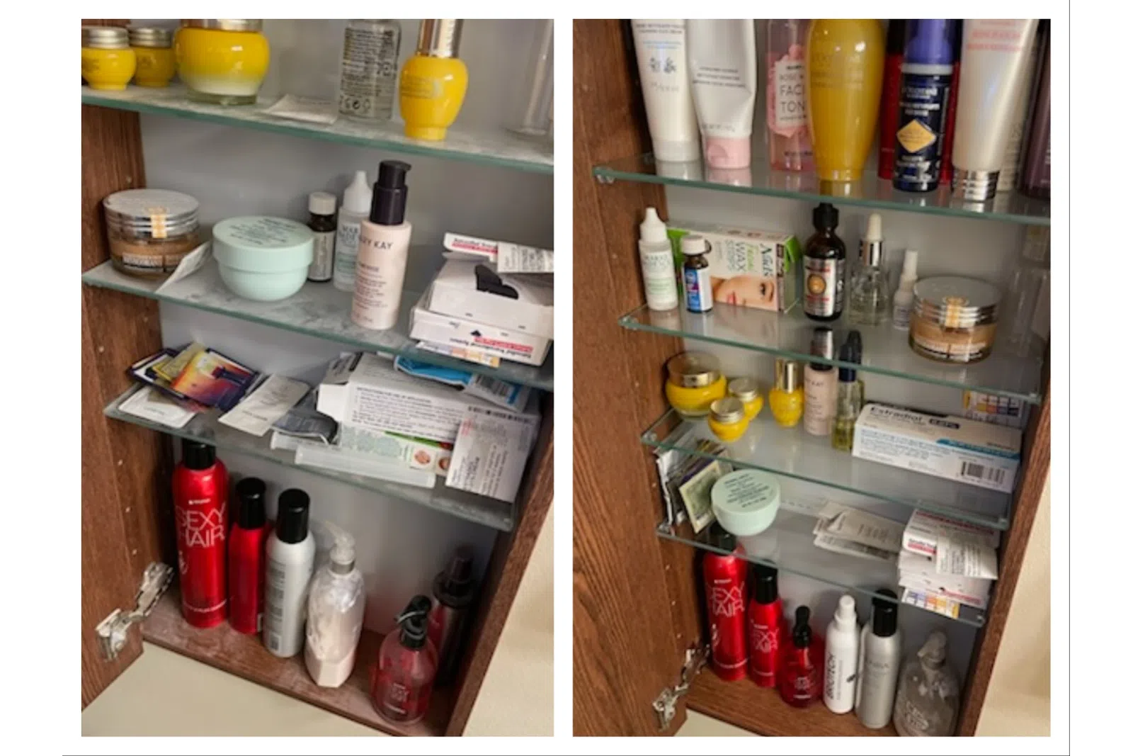 Open wooden cabinet with glass shelves filled with skincare, haircare products, and medication boxes.