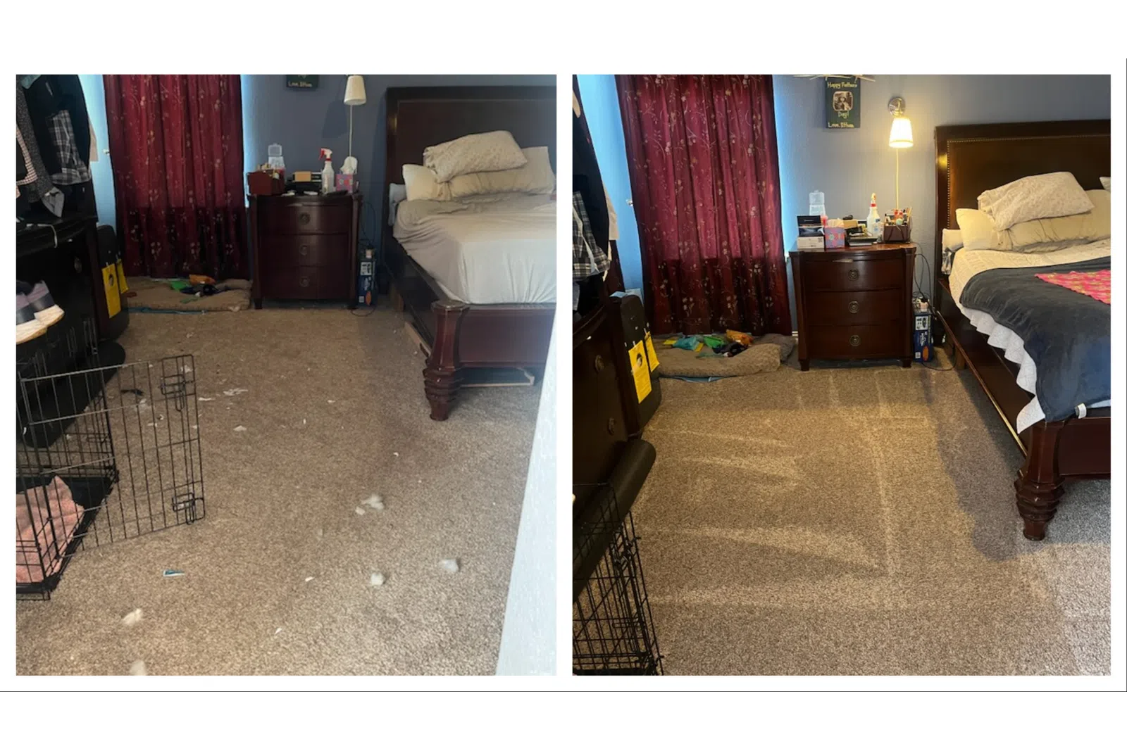 Before and after photos of a cleaned bedroom showing a tidy and organized space.