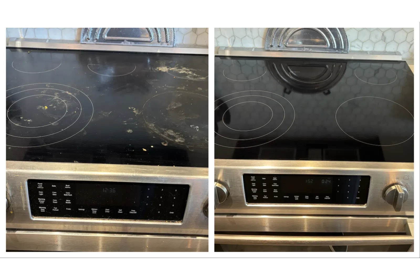 before and after MaidPro Denver cleaning a dirty stovetop kitchen appliance