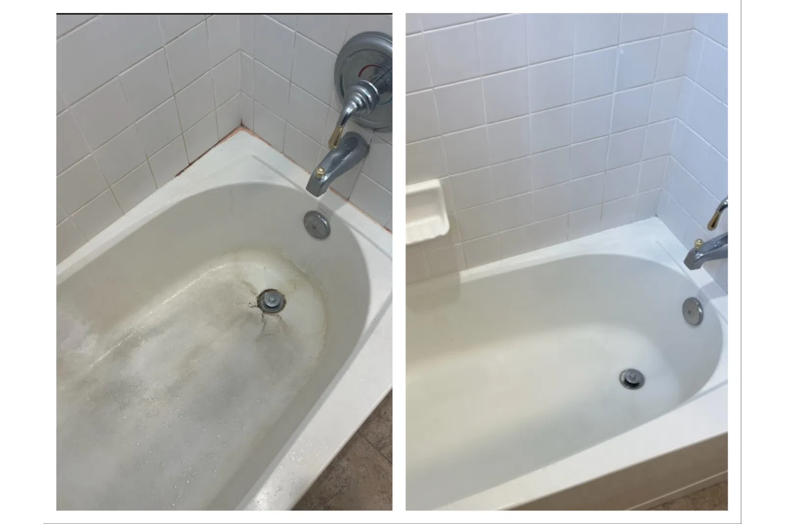 Side-by-side comparison of a bathtub before and after deep cleaning showing removal of stains and grime.