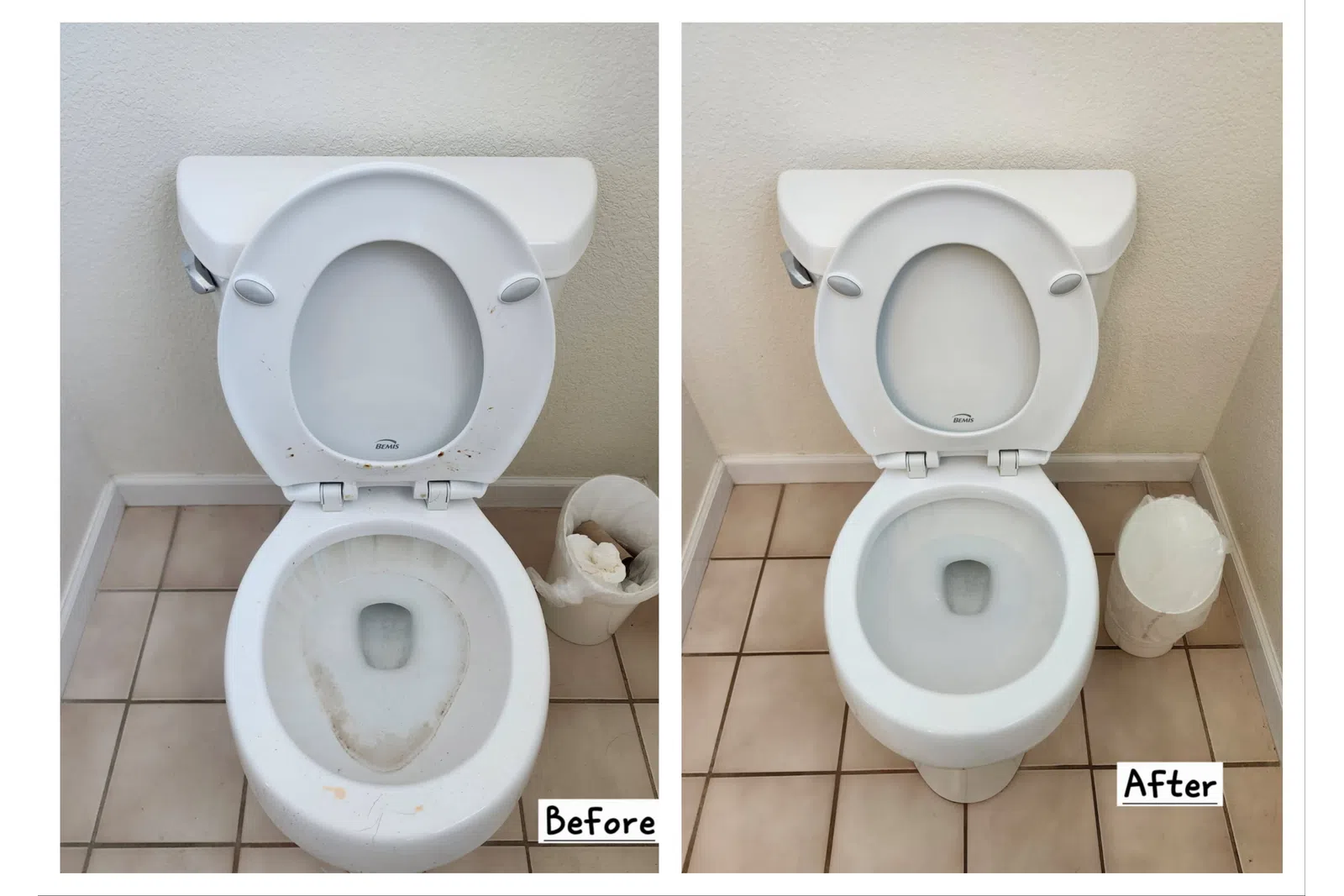 before and after photos of a toilet cleaned by MaidPro Littleton