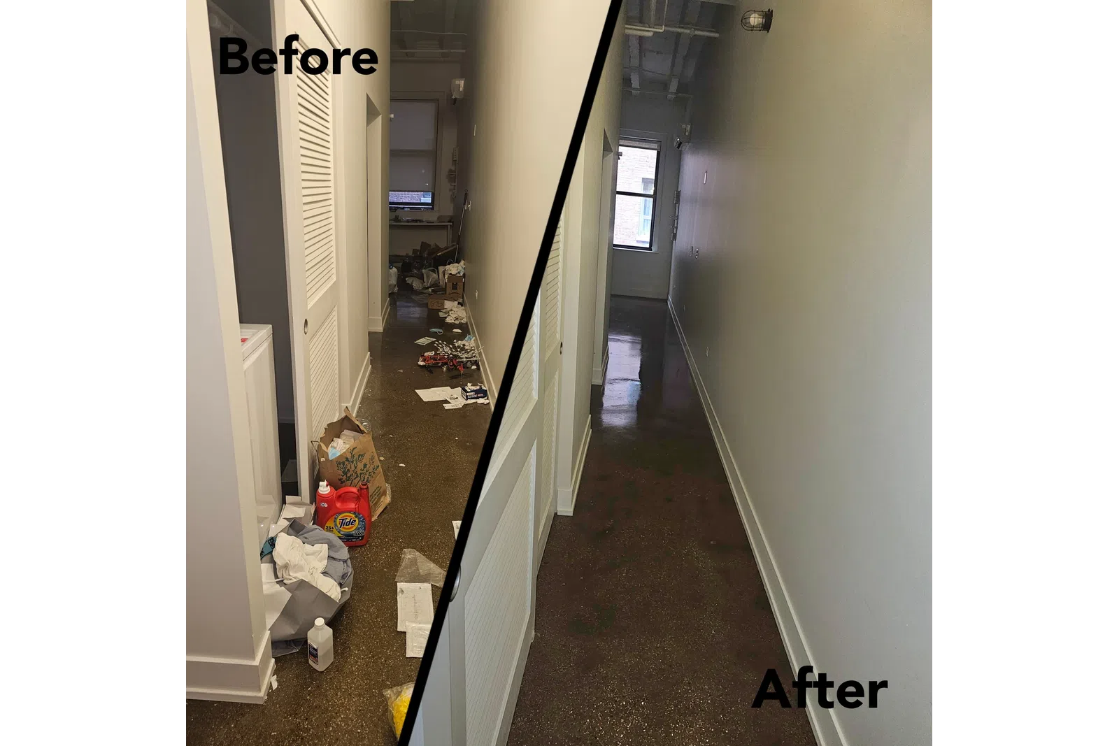 Hallway before and after cleaning with clutter and trash removed by MaidPro Chicago Downtown