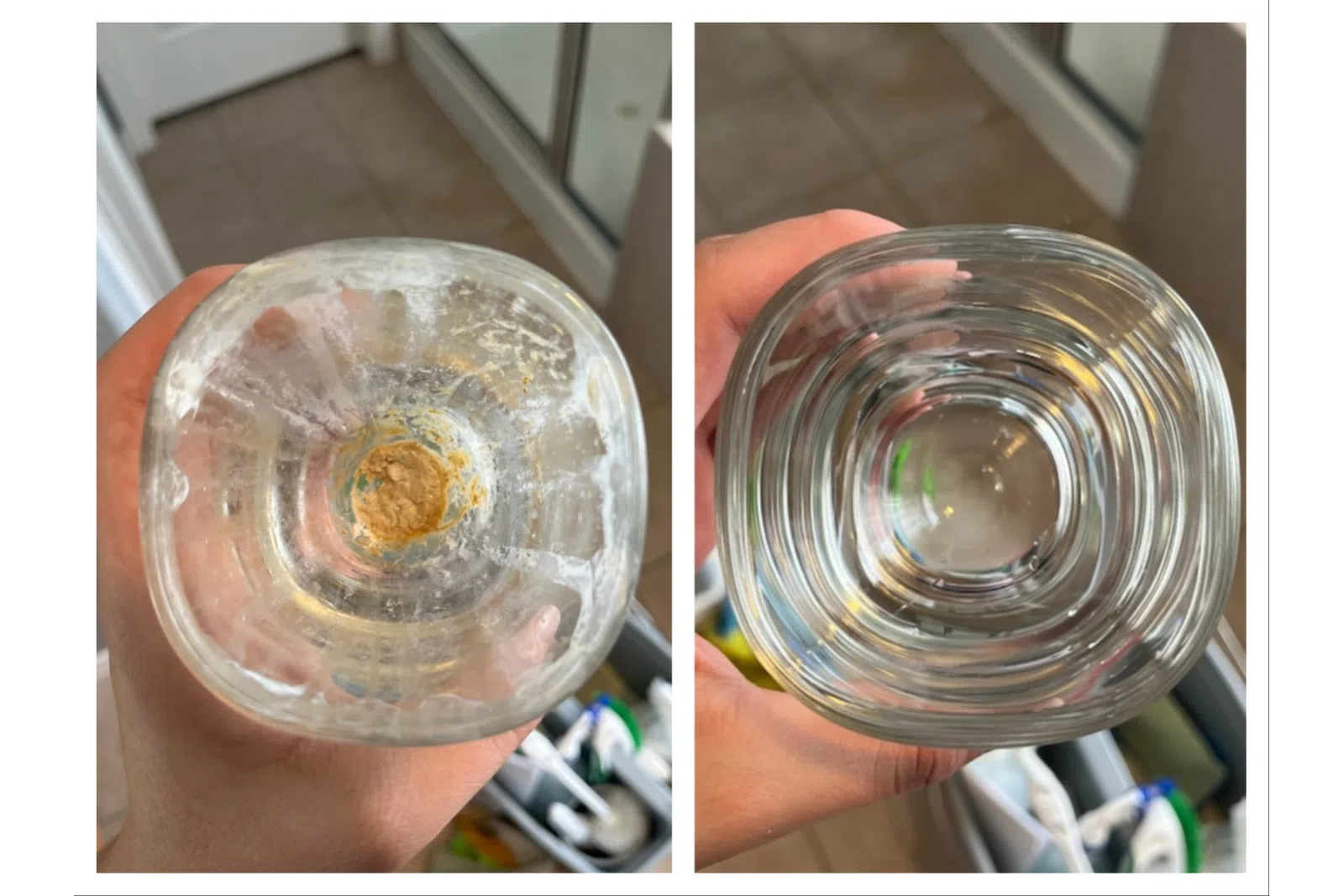 Comparison of the bottom of two glass cups, one with mineral buildup and one clean and clear by MaidPro