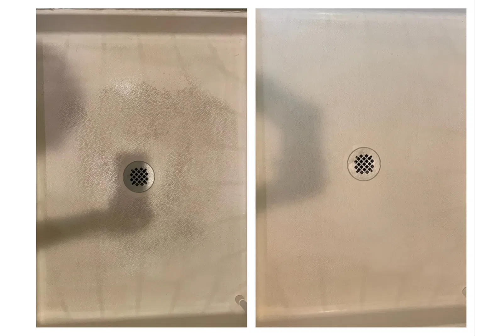 Side-by-side comparison of a dirty shower floor with stains and the same floor cleaned to a spotless condition.