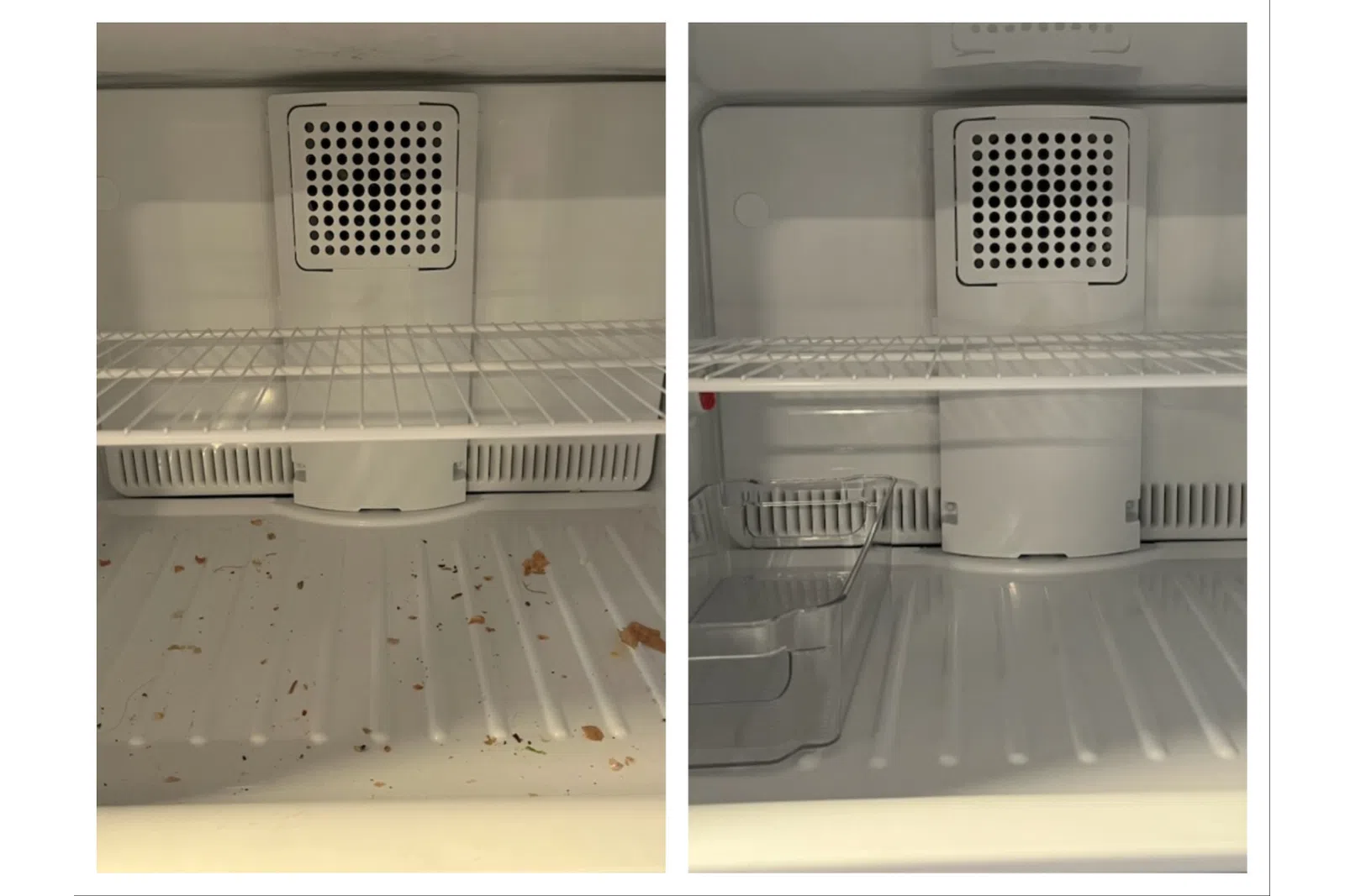 Side-by-side comparison of an empty refrigerator shelf before and after cleaning, showing dirt removal.