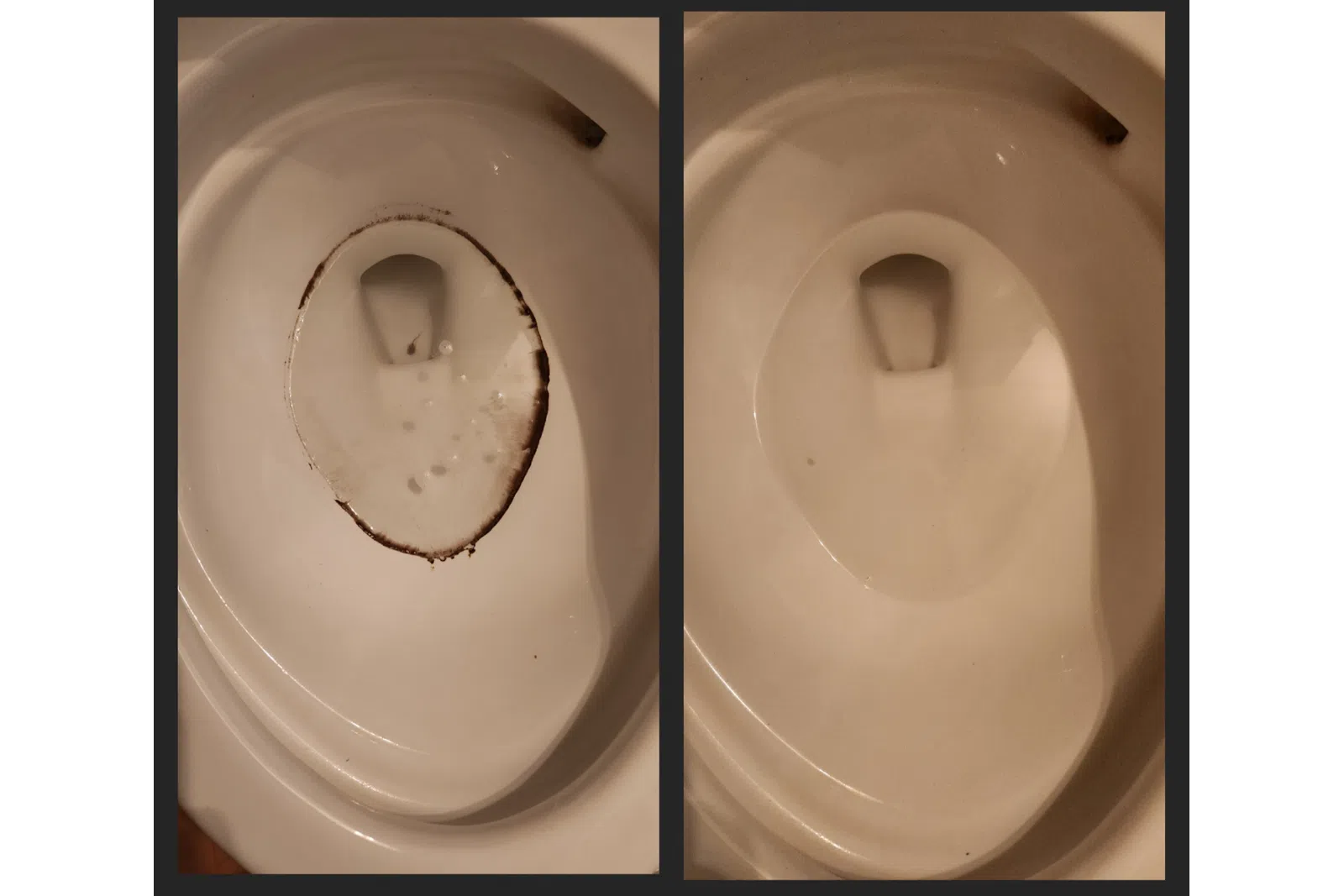 Side-by-side comparison of a toilet bowl before and after deep cleaning removing dark stains and grime.