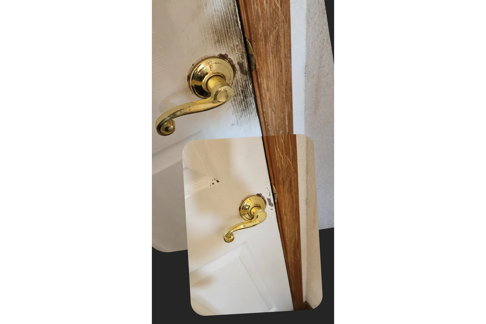 Before and after cleaning of a white door with brass handle and wooden frame showing removed dirt and stains.
