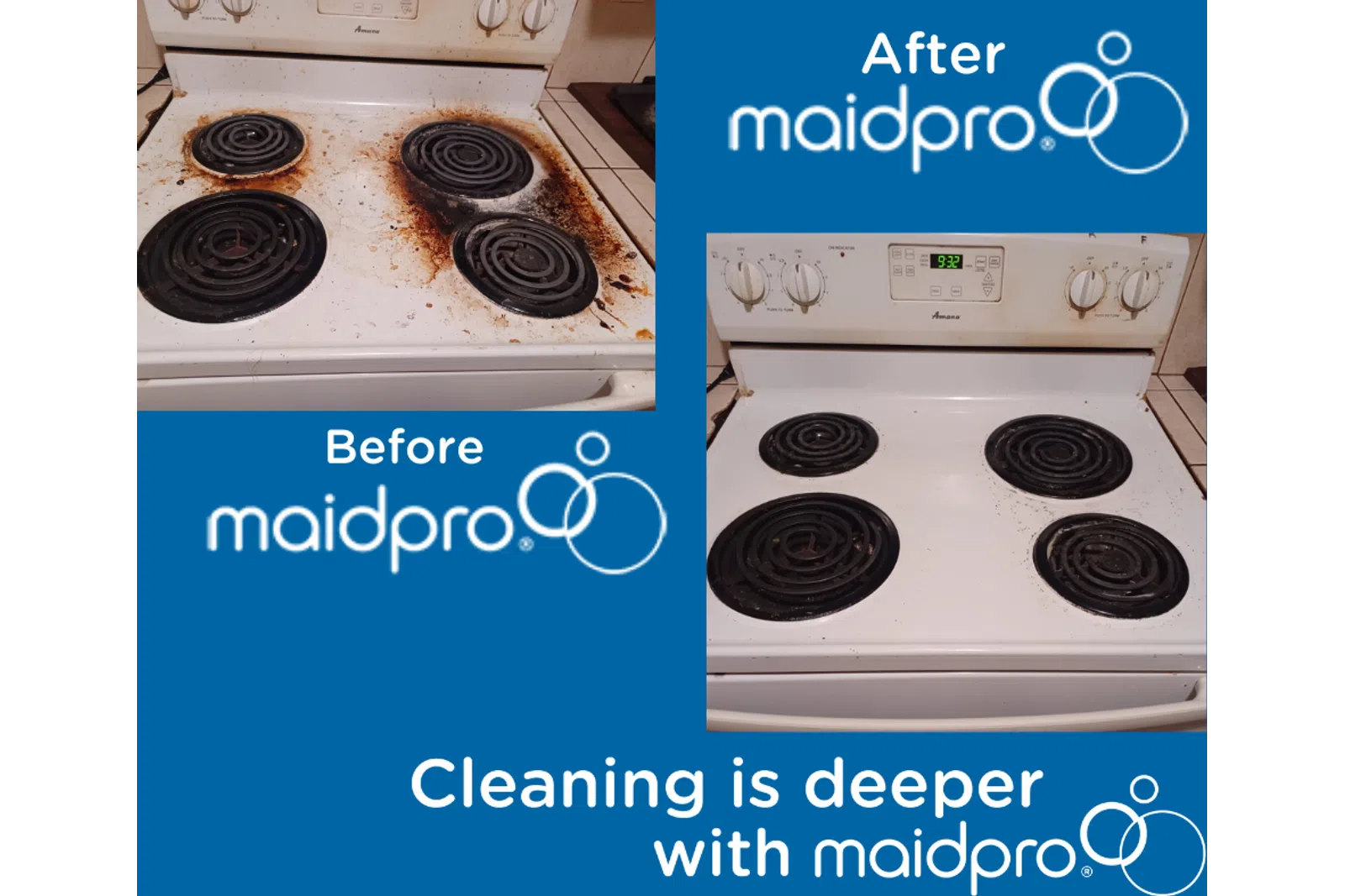 Before and after photos of an oven professionally cleaned by MaidPro Katy
