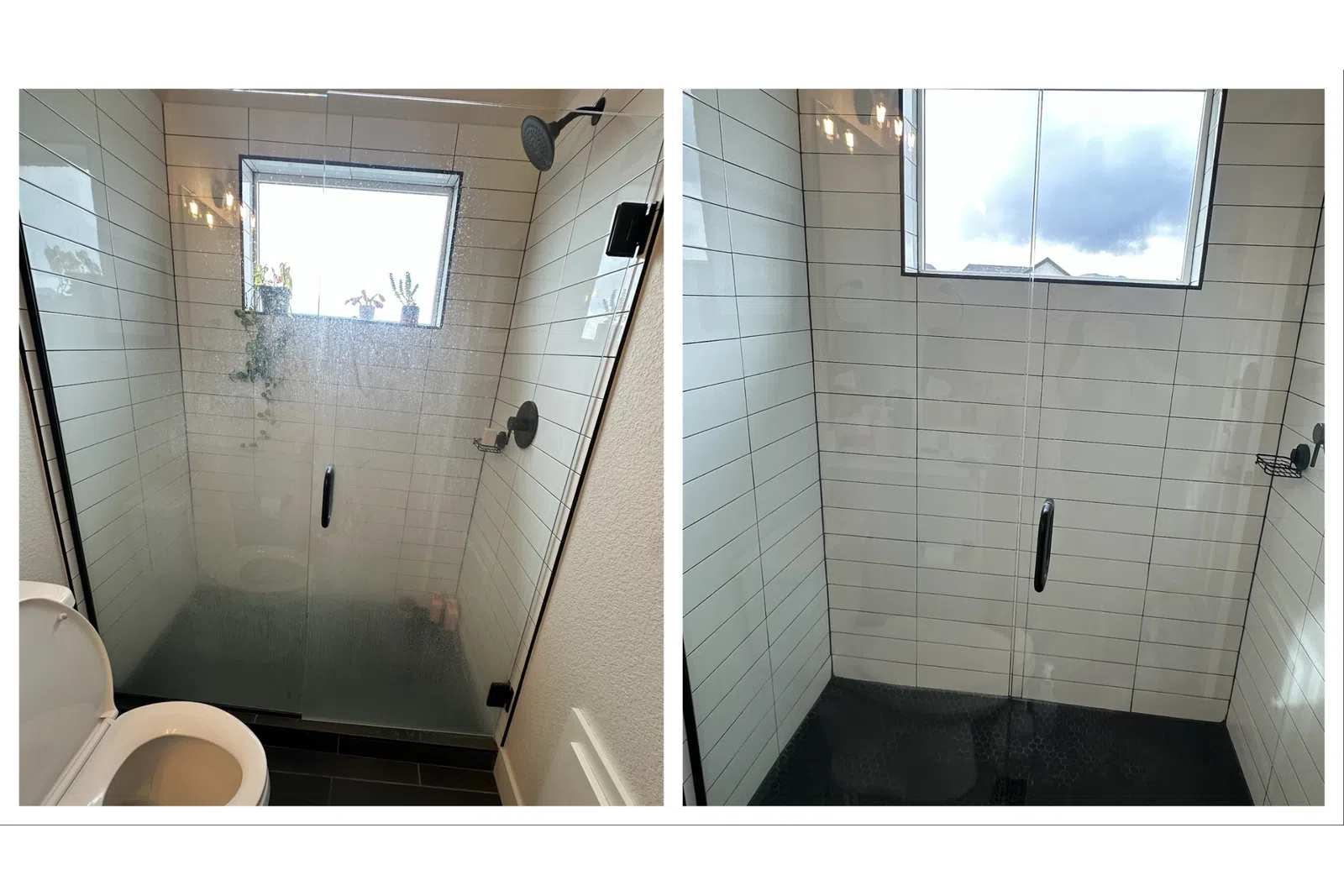Modern bathroom shower with glass enclosure and white tiles, showcasing cleanliness and style.