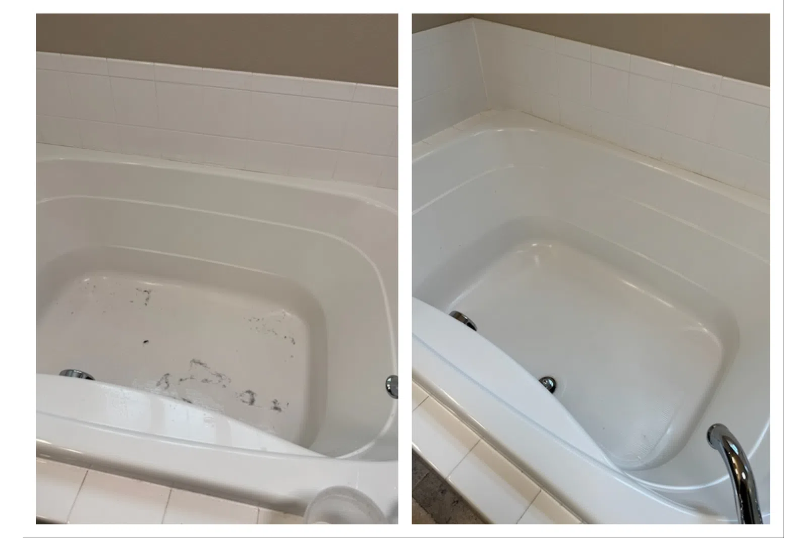 Side-by-side comparison of a bathtub before and after cleaning, showing removal of dirt and stains by MaidPro Parker