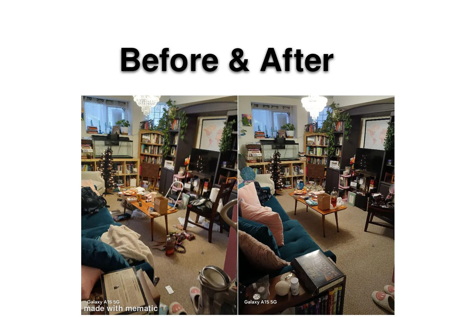 a collage of a person sitting in a living room