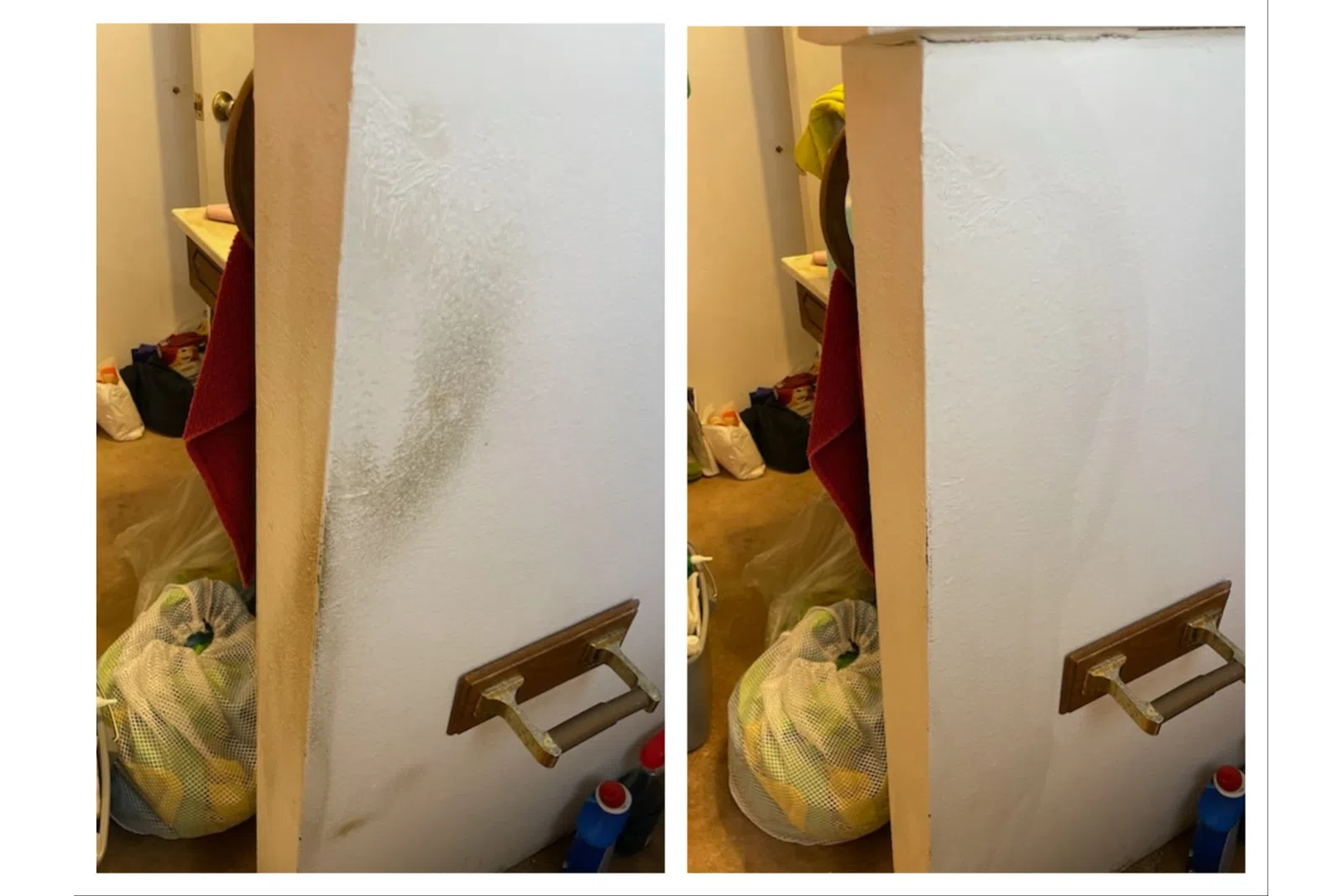 Before and after images show cleaning of a wall reducing dirt and grime near a metal handle in a cluttered room.