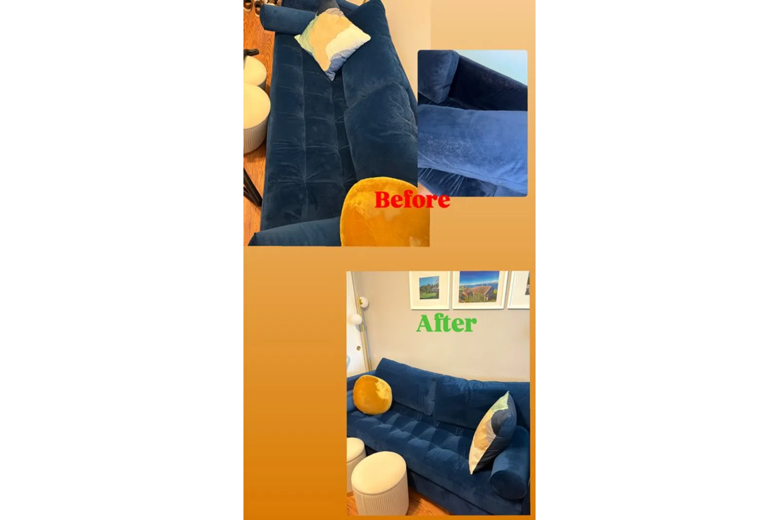 Blue velvet couch shown before and after cleaning from MaidPro Parker