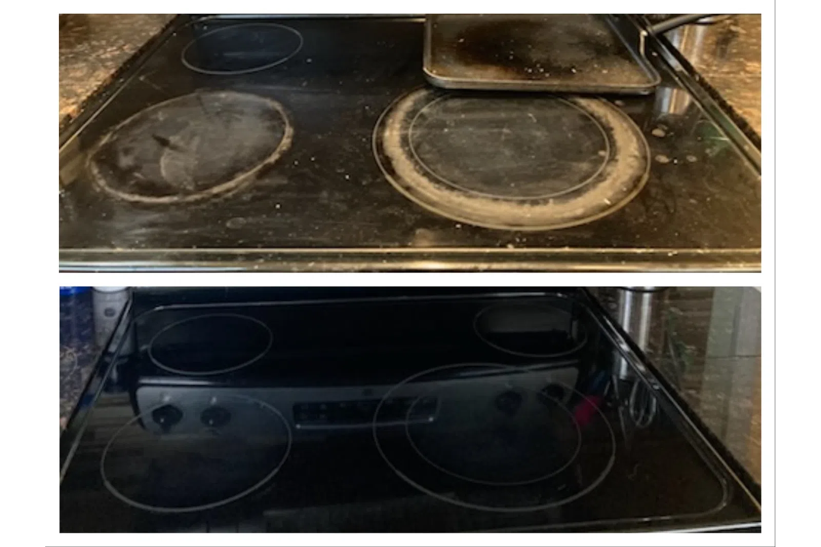 Before and after images of a glass stovetop showing heavy dirt and stains cleaned to a glossy finish.