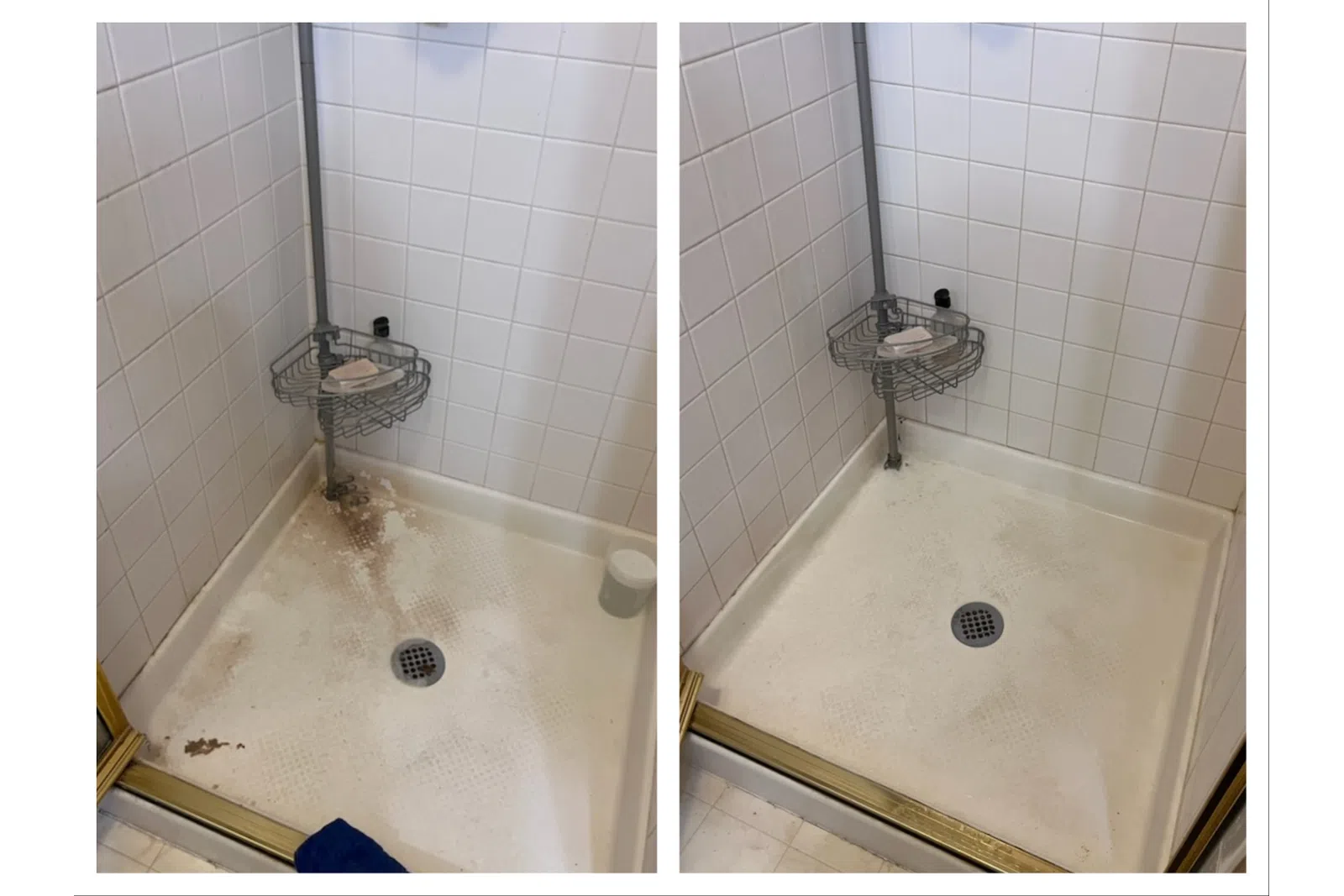 Side-by-side shower stall images showing before and after cleaning with removed dirt and grime on floor.