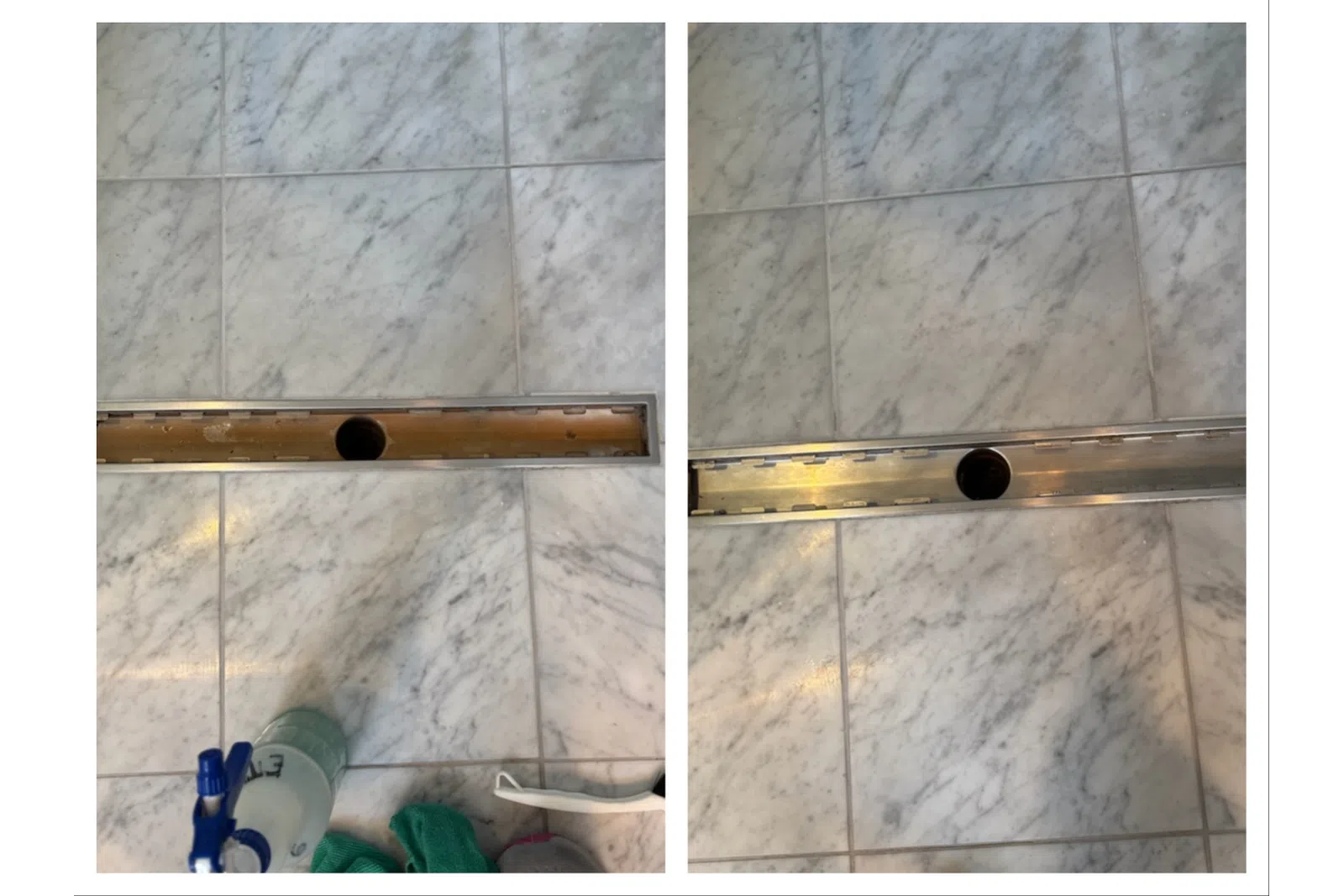 Side-by-side images of a marble floor drain installed with a black circular drain cover and cleaning supplies nearby.