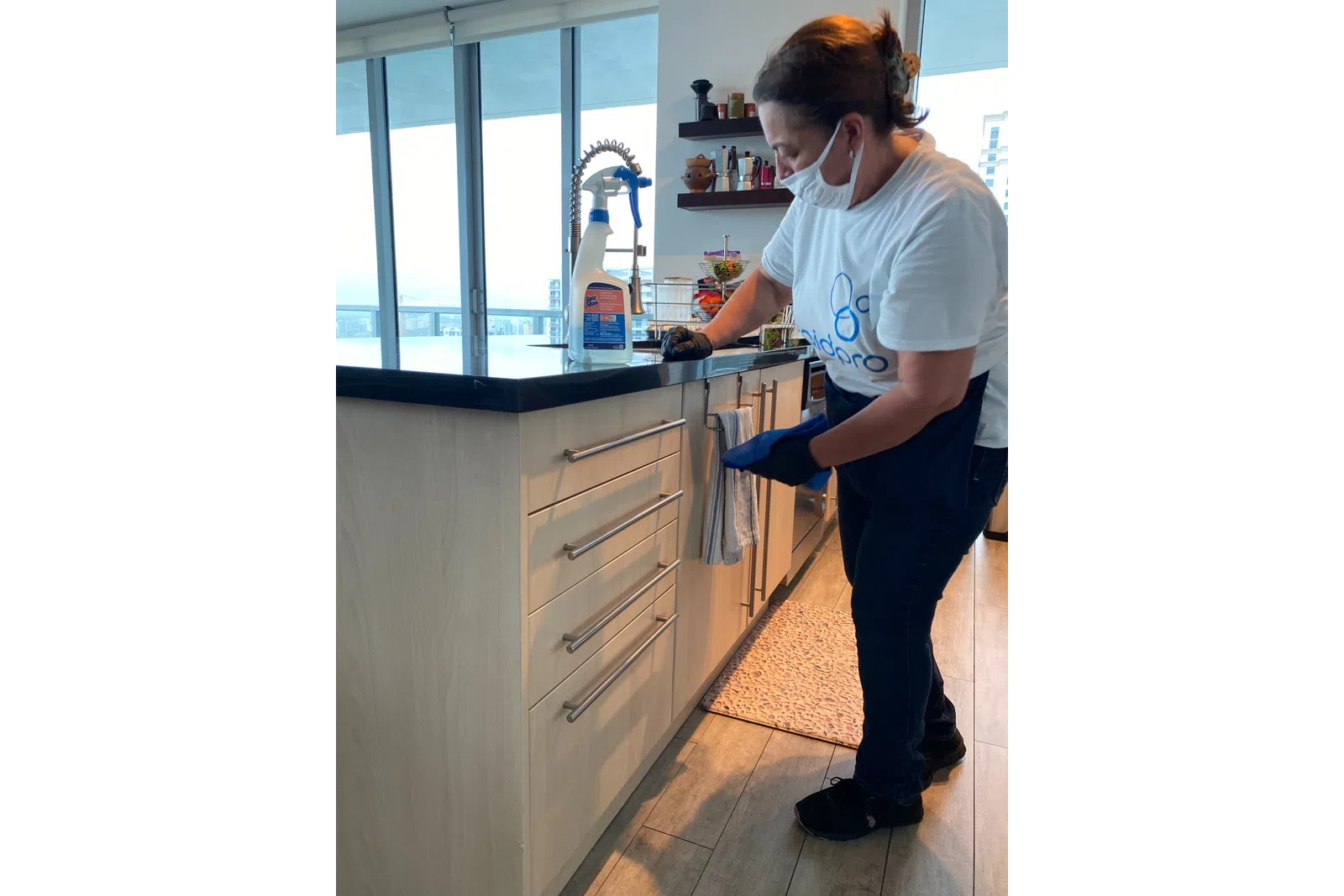 a person standing on a counter