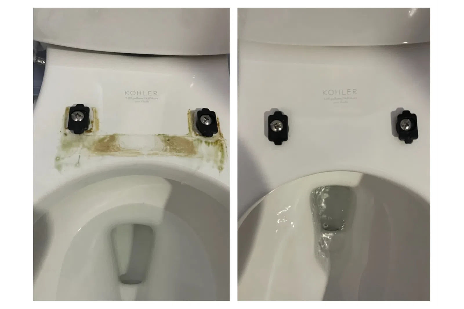 Side-by-side comparison of a toilet bowl before and after cleaning, showing removal of grime and stains.