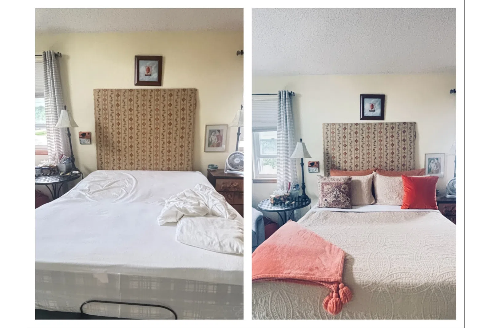 Before and after of a bedroom with a made bed featuring patterned headboard, pillows, and coral throw blanket.