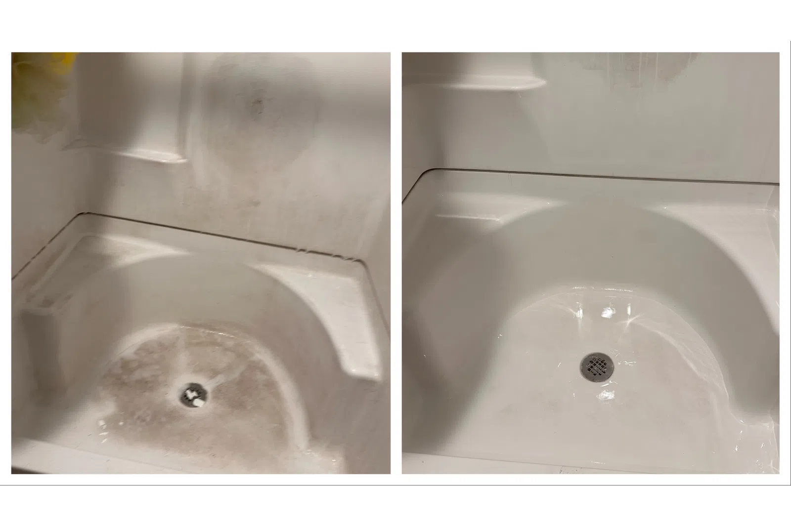 Before and after image of a clean shower basin after MaidPro