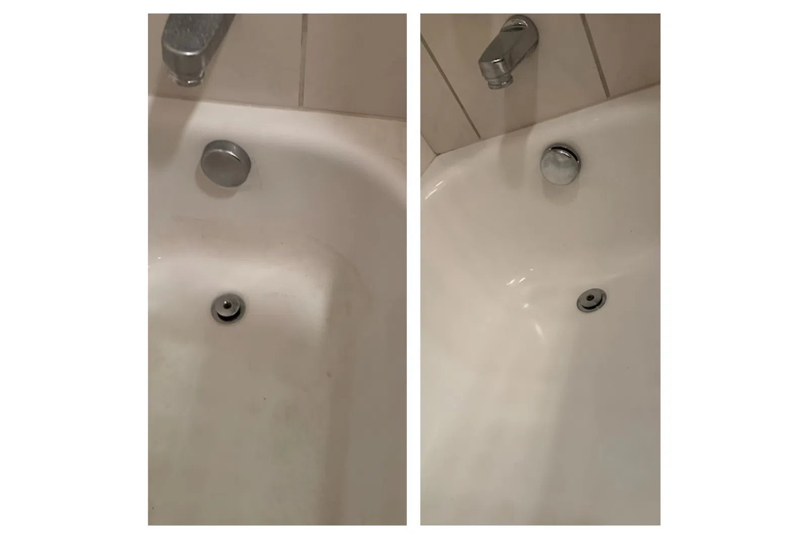 Side-by-side comparison of a bathtub before and after deep cleaning showing significant stain removal by MaidPro Denver