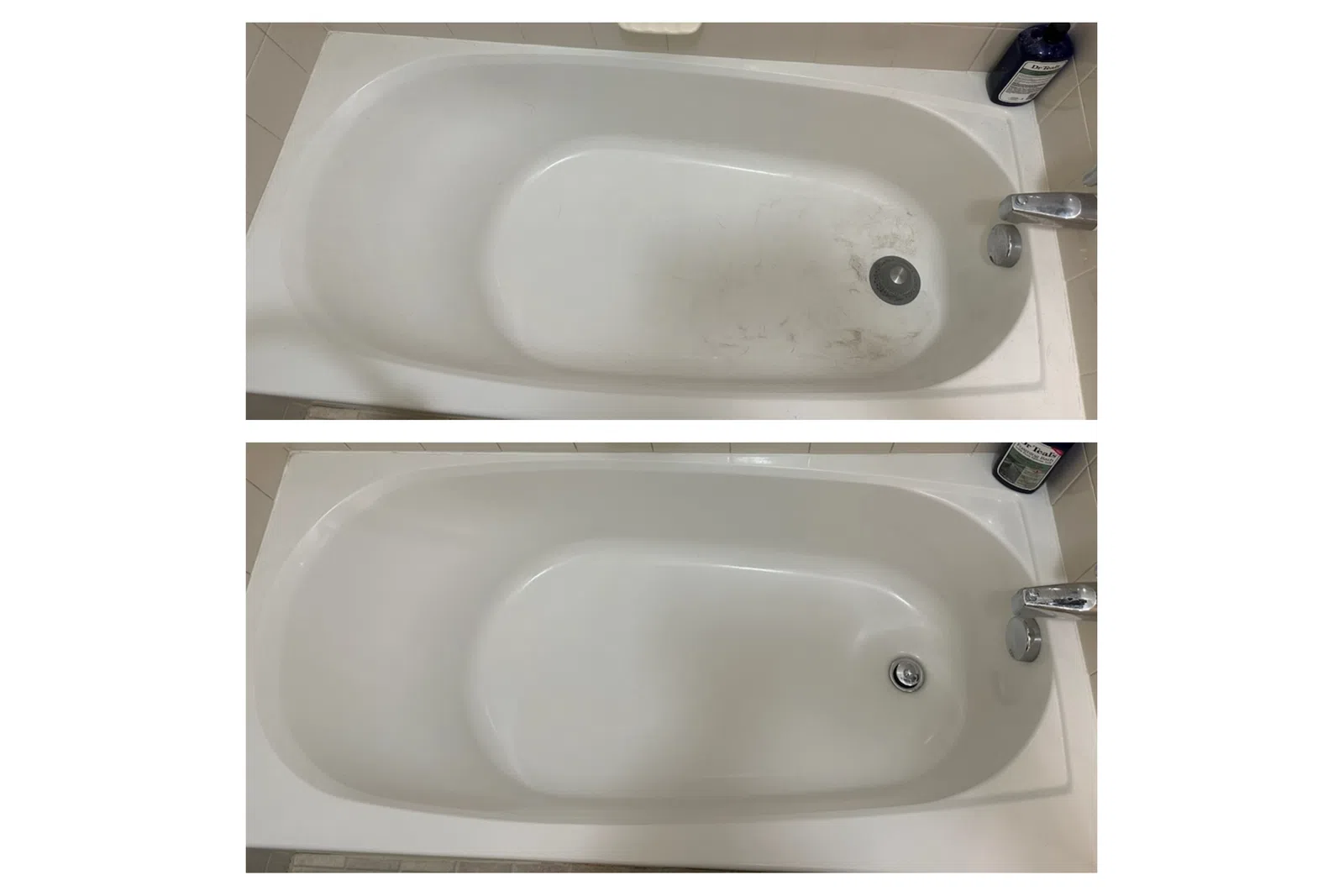 Before and after images of a bathtub showing dirt removal and thorough cleaning results.