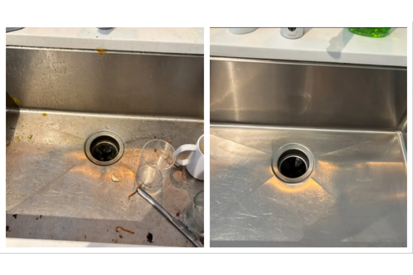 Before and after cleaning a kitchen sink and dirty dishes
